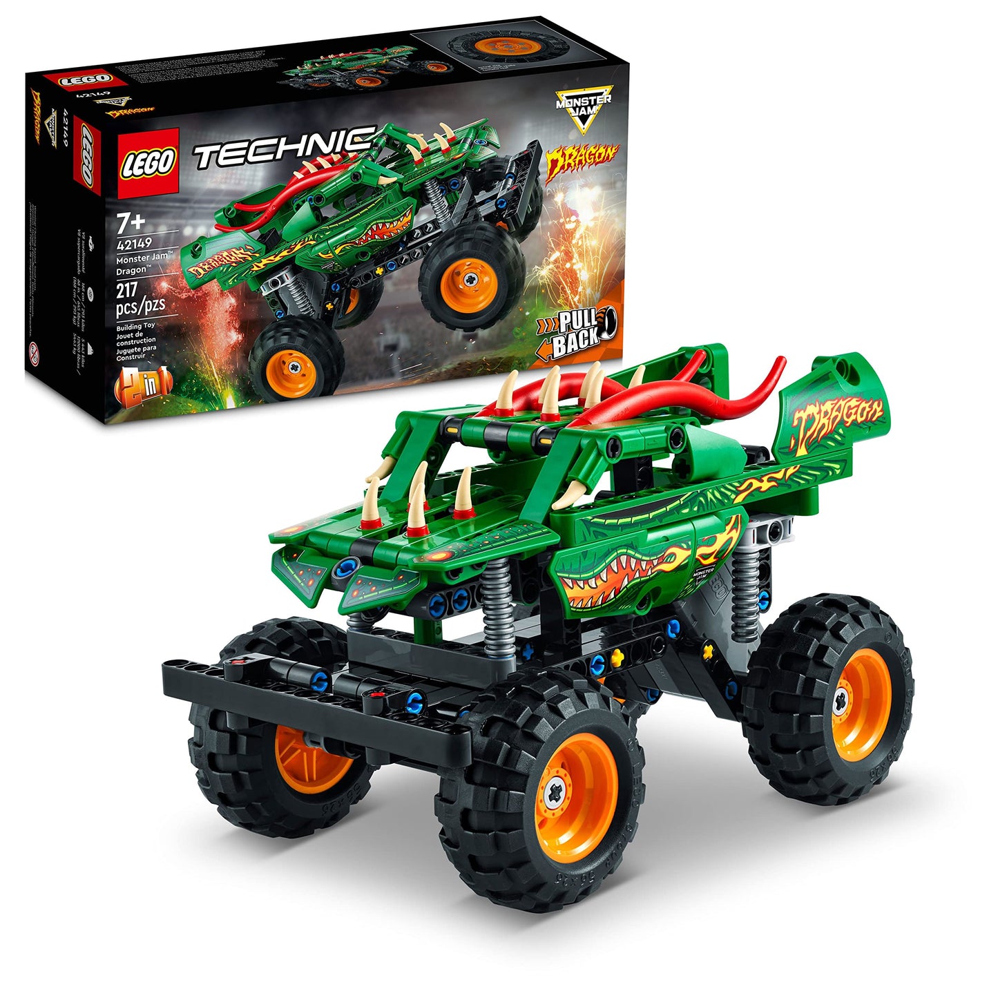 LEGO Technic Monster Jam Dragon Monster Truck Toy for Boys and Girls, 2in1 Racing Pull Back Car Toys for Off Road Stunts, Kids Birthday Gift Idea