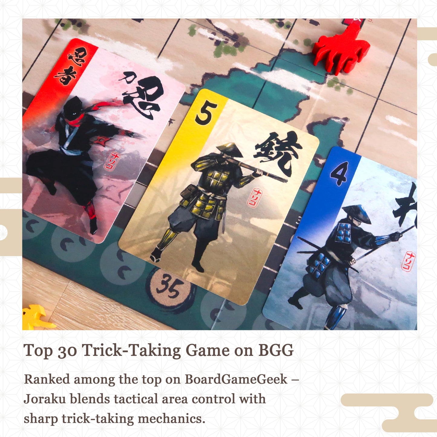 Moaideas Game Design Joraku Deluxe Strategy Board Game, 40 Wooden Samurai Meeples, Area Control and Trick-Taking Mechanics, for Strategy Game