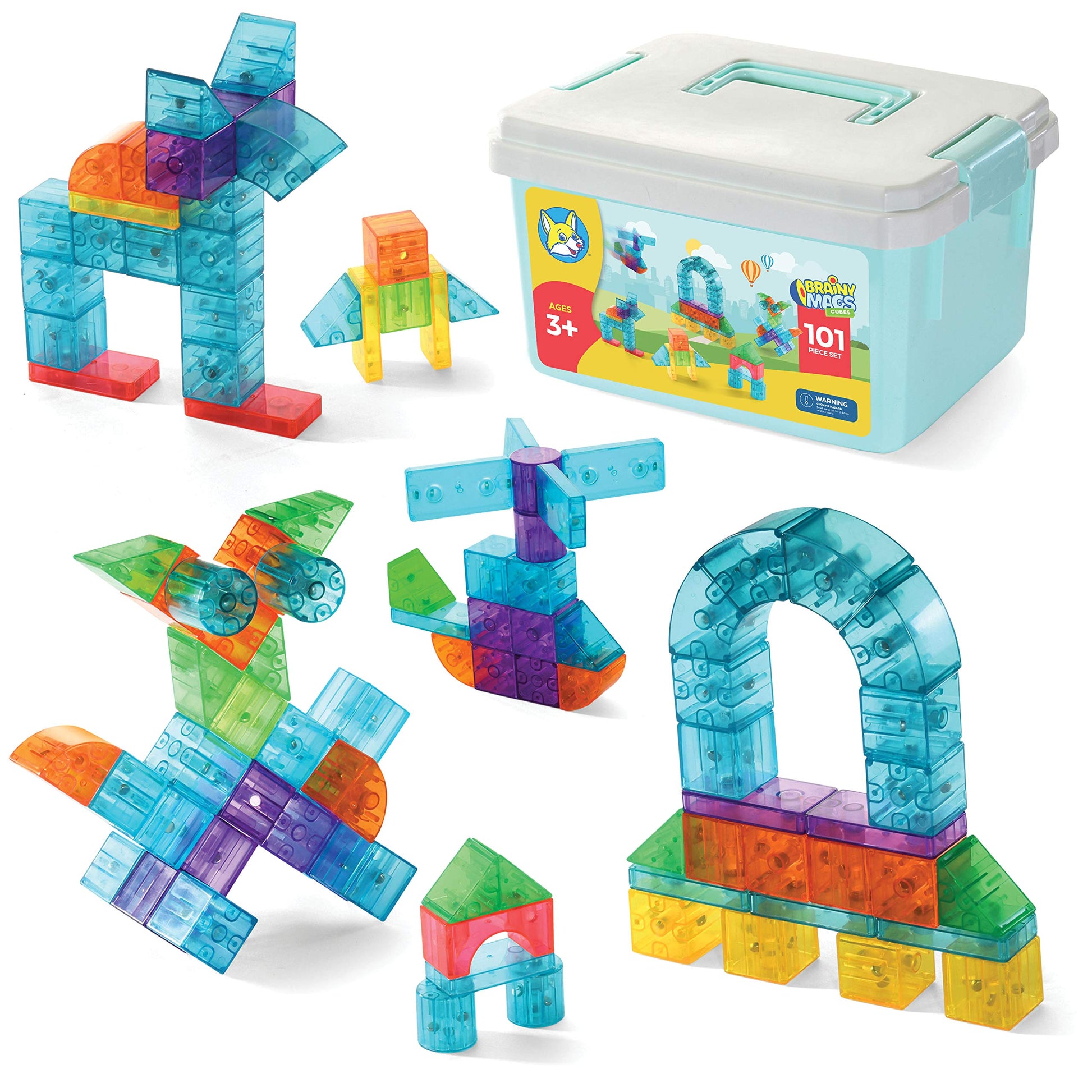 Play Brainy 101 Pieces Magnetic Cubes for Kids - 3D Building Blocks Set with Transparent Blocks in Varying Shapes and Colors - STEM-Approved Learning