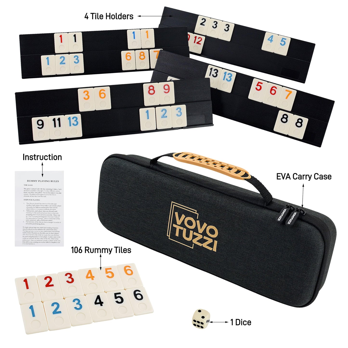 Rummy Cube Game Original, Rummy Tiles Game Set, with 4 Racks/Trays& 106 Rummy Tiles, in One EVA Case, Travel & Family Board Game for Adults and Kids