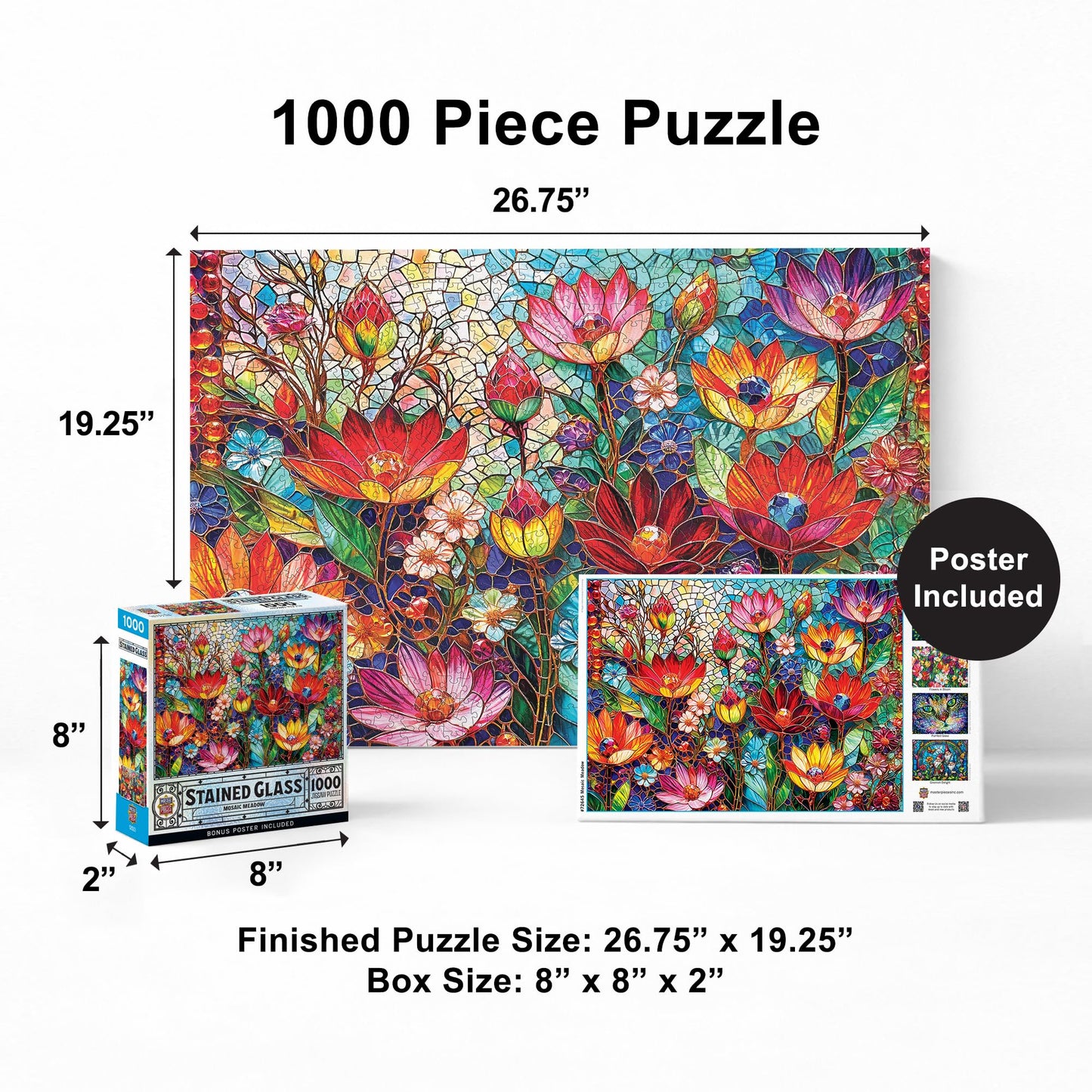 Masterpieces 1000 Piece Jigsaw Puzzle for Adults - Stained Glass - Mosaic Meadow - 19.25"x26.75"