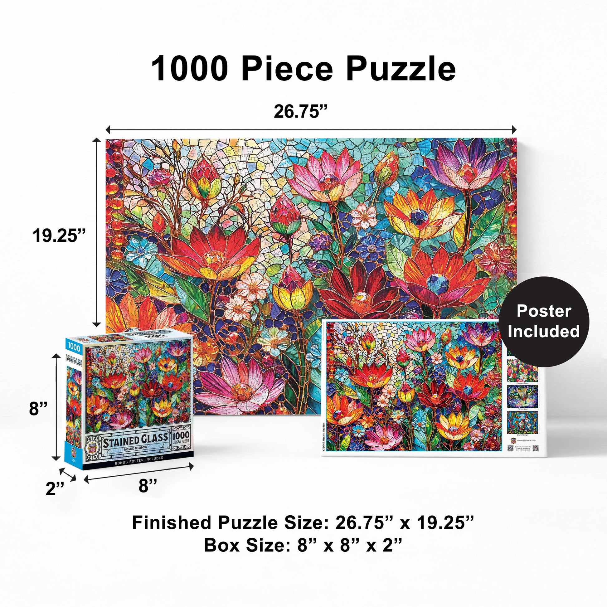 Masterpieces 1000 Piece Jigsaw Puzzle for Adults - Stained Glass - Mosaic Meadow - 19.25"x26.75"