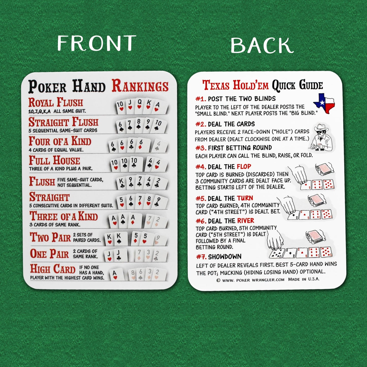 POKER WRANGLER Illustrated Poker Cheat Sheets. Set of 5 Poker Hand Ranking Cards and Texas Hold'em Cheat Sheet and Pocket Guide