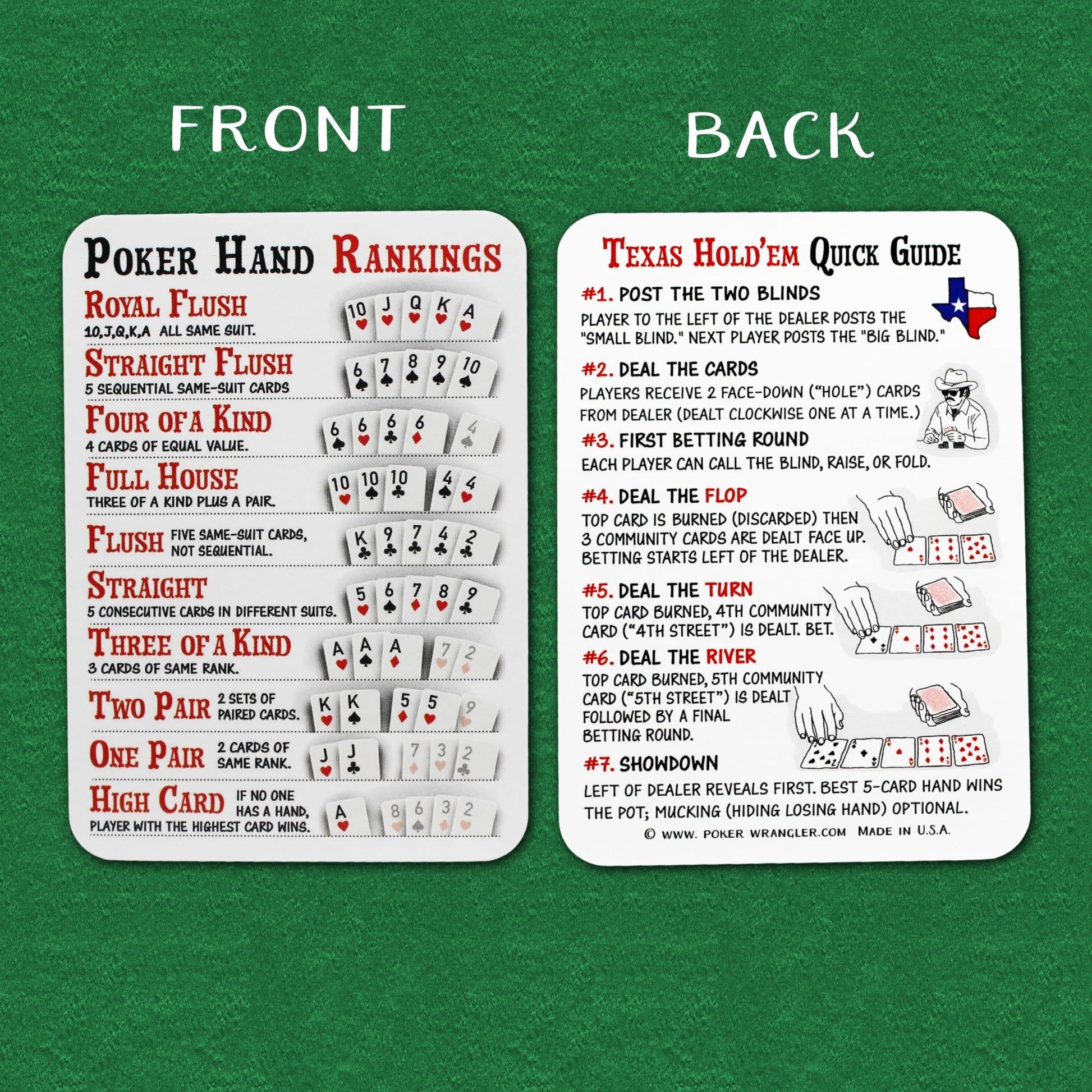 POKER WRANGLER Illustrated Poker Cheat Sheets. Set of 5 Poker Hand Ranking Cards and Texas Hold'em Cheat Sheet and Pocket Guide