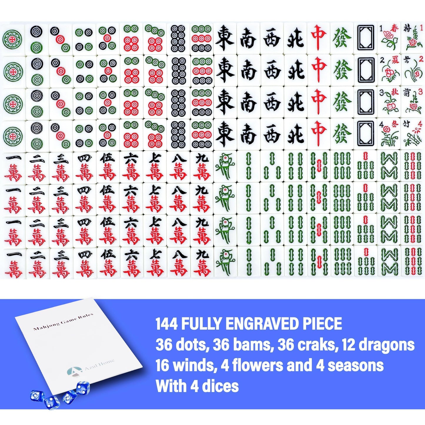 AzulHome Chinese Mahjong Game Set, 144 Large Melamine Mahjong Tiles (1.57'', Ivory) with 4 Dices and One Storage Bag, Complete Traditional Mahjong