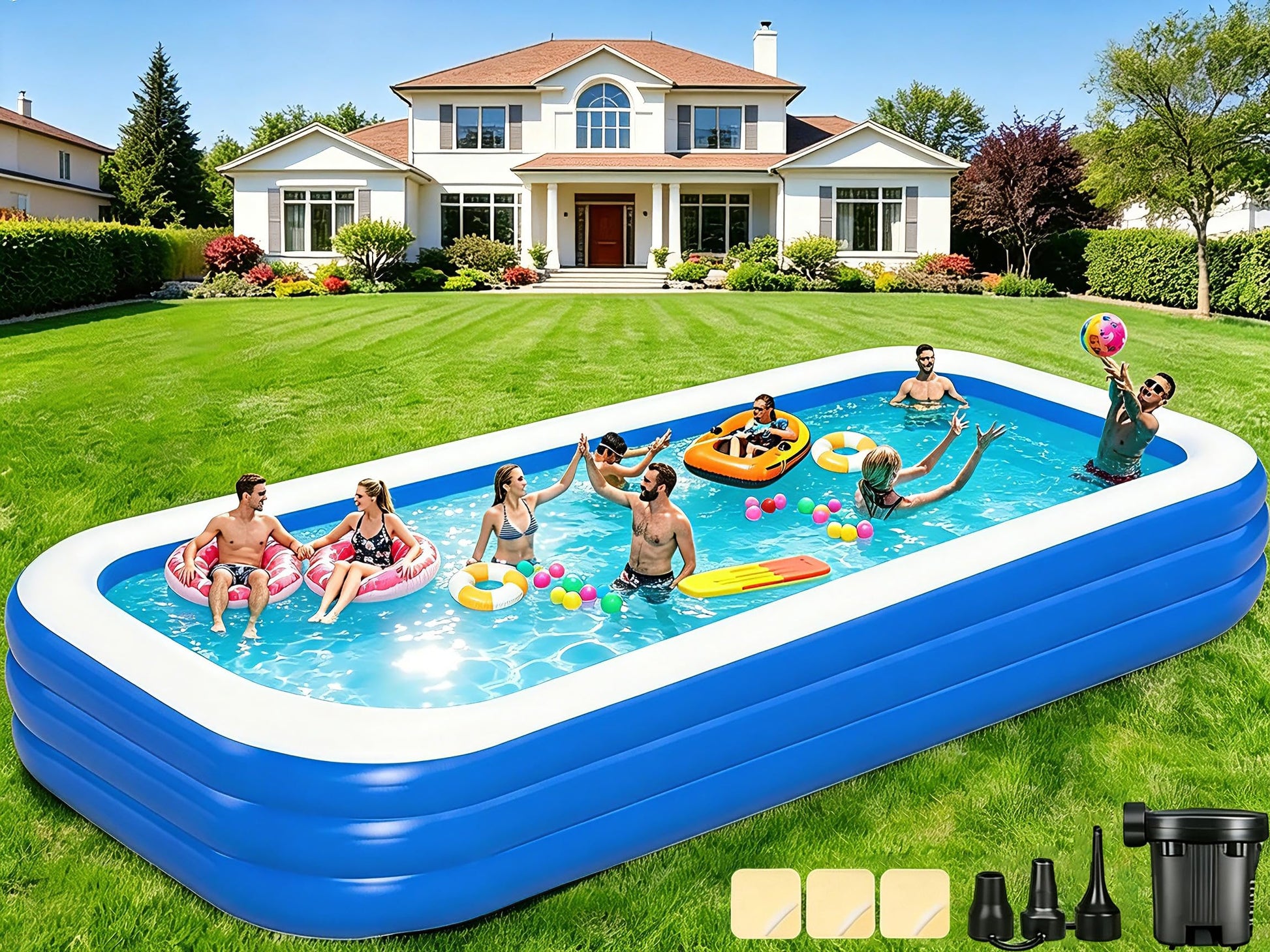 Extra Large Inflatable Swimming Pool for Adults - 180'' x 76'' x 22'' Extra Large Blow-Up Pool Oversized Thickened Family with Pump, 15FT Extra Long