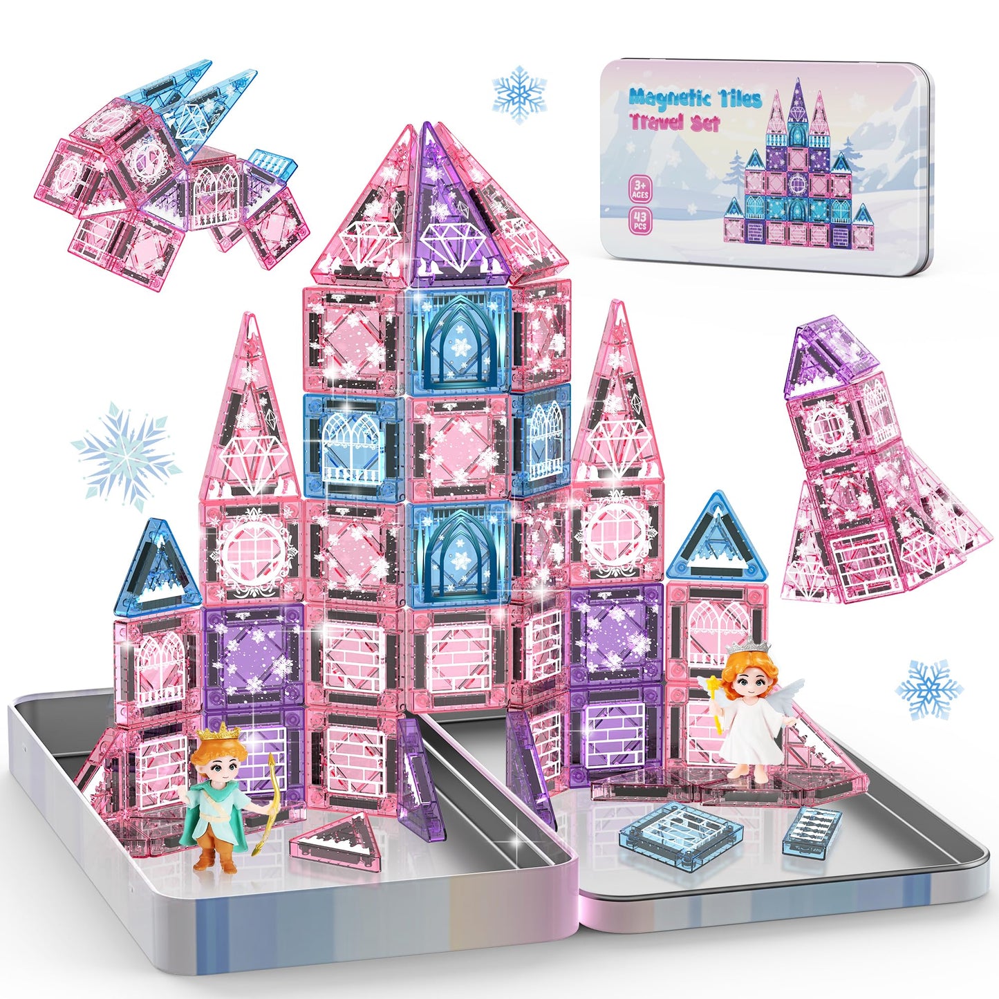 Magnetic Tiles Princess Toys, Princess Castle Travel Magnetic Blocks with Metal Box & 2 Dolls, Mini Magnet Tiles for Girls Pretend Play, Magnet STEM