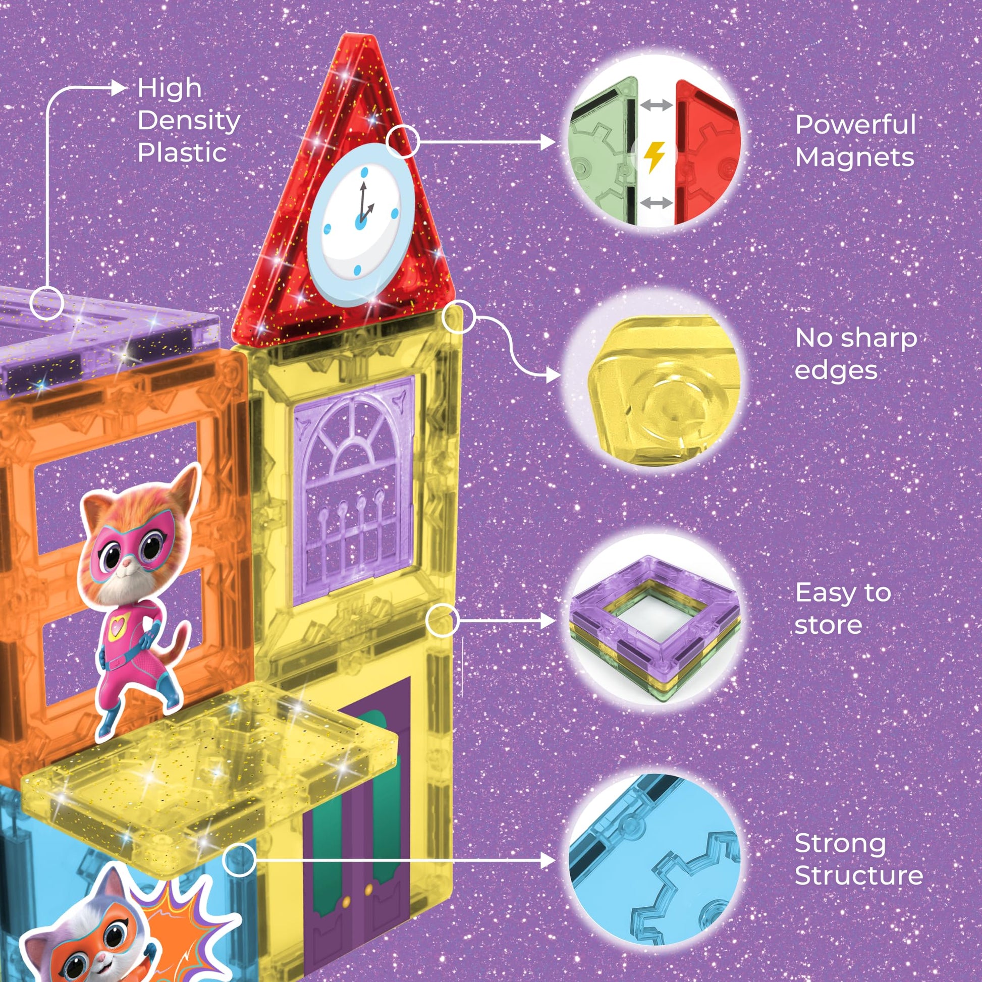 Tytan Official Disney Junior SuperKitties Magnetic Tile Set - 17-Piece STEAM Building Toy with Glitter & Printed Tiles, Reusable Stickers, Storage Bag