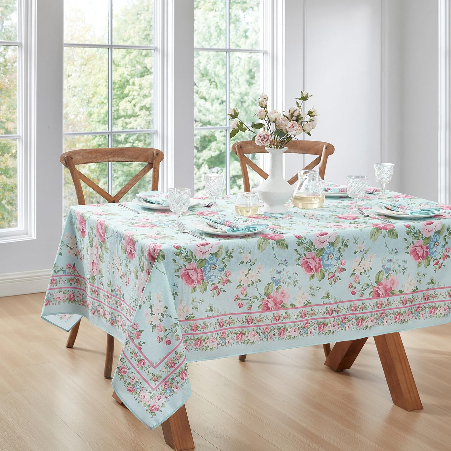 Elrene Home Fashions Spring Summer Vintage Floral Garden Cottage Border Fabric Rectangle Tablecloth, 60"x84"