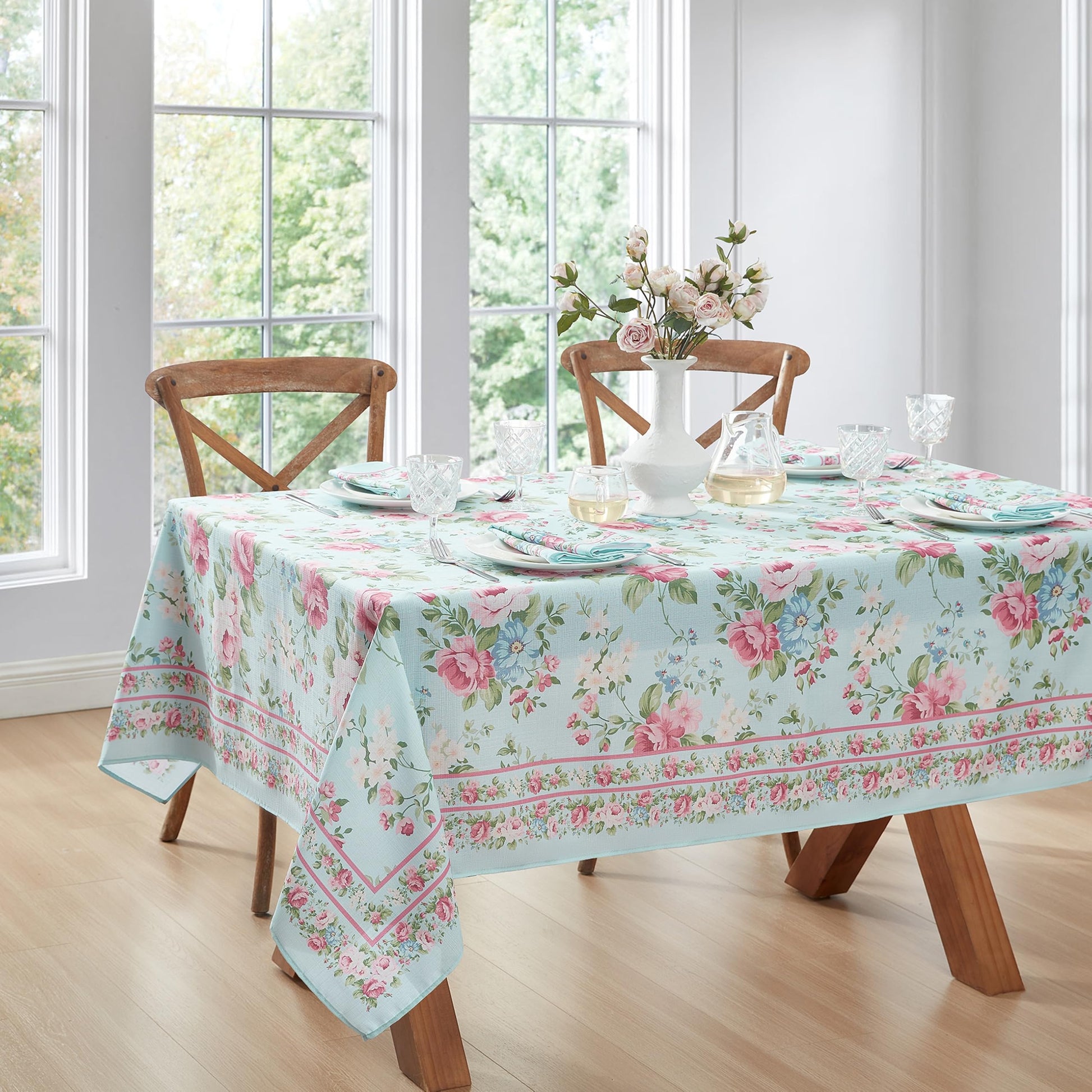 Elrene Home Fashions Spring Summer Vintage Floral Garden Cottage Border Fabric Rectangle Tablecloth, 60"x84"