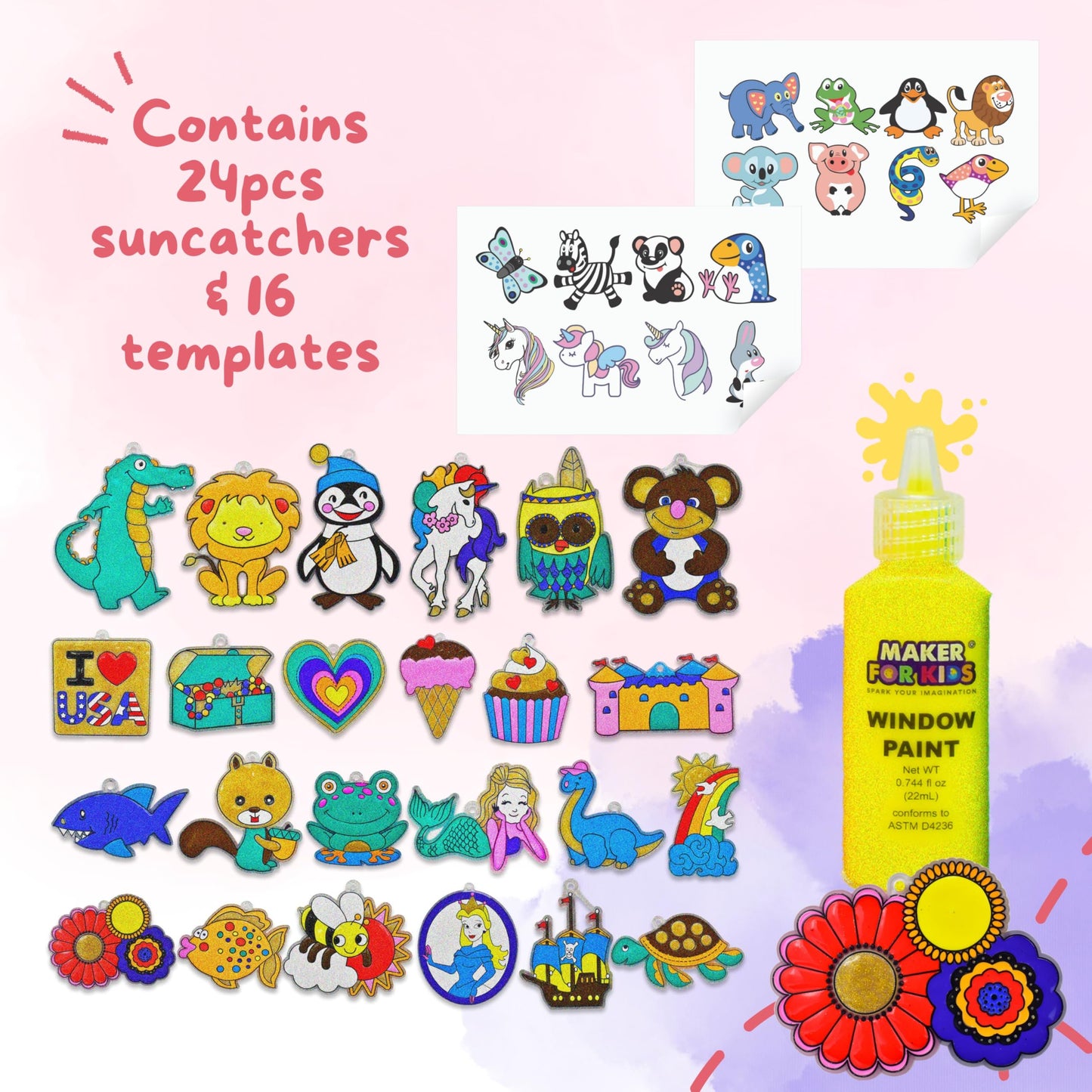 Create Your Own Suncatchers for Window Hanging - 24-Pack Window Glitter Art Suncatcher Kit with 12 Colors - Arts and Crafts for Kids