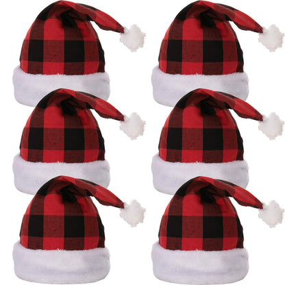 JOYIN 6 Pack Christmas Santa Hat Plaid Santa Hat Luxury Plush Hat for Christmas Costume, Christmas Party Supplies, Holiday Party Favors
