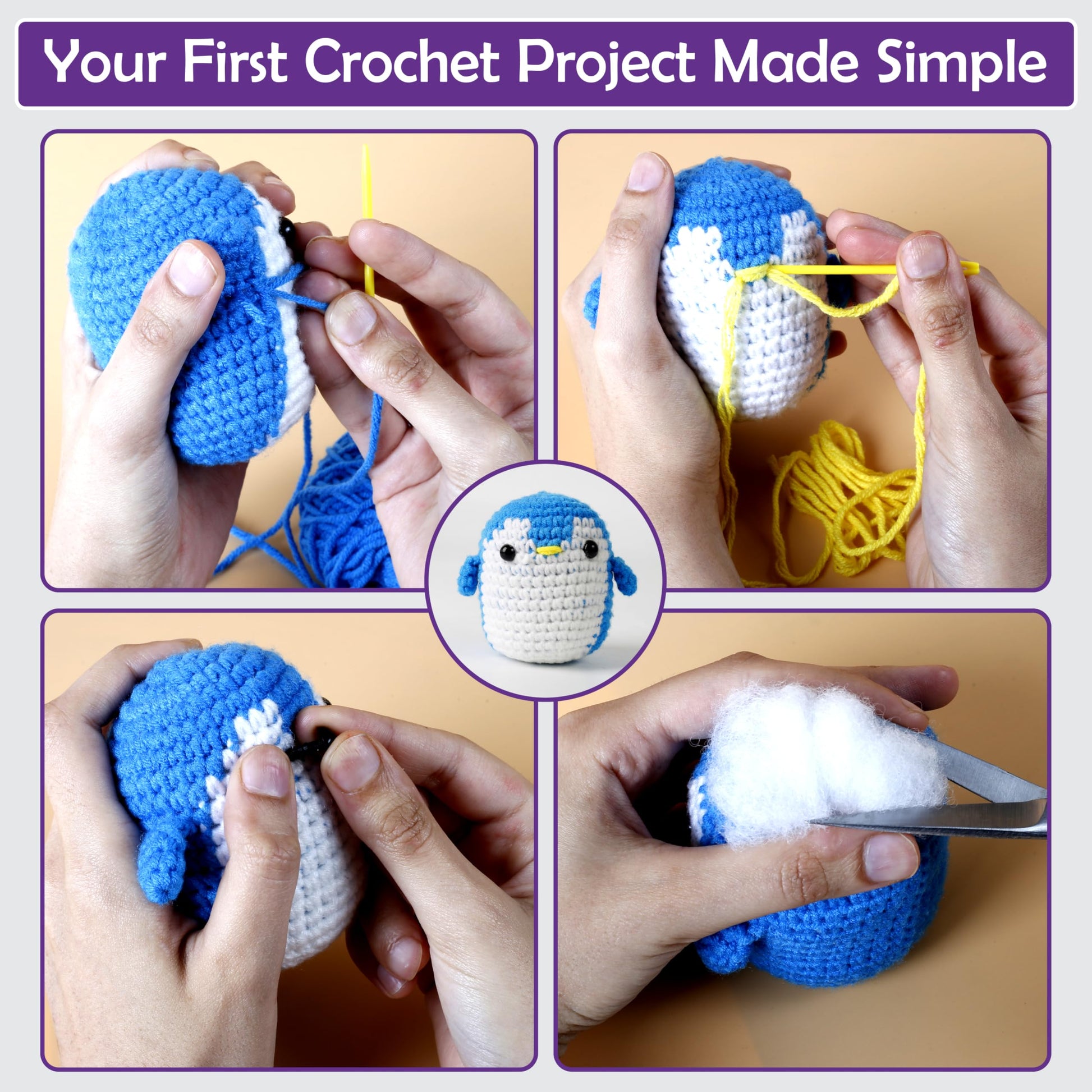 A-URA Learn to Crochet Kit for Beginners Kids and Adults, Premium 4 Animal Pattern Beginner Crochet Kits with Easy Tube Yarn & Step-by-Step Video