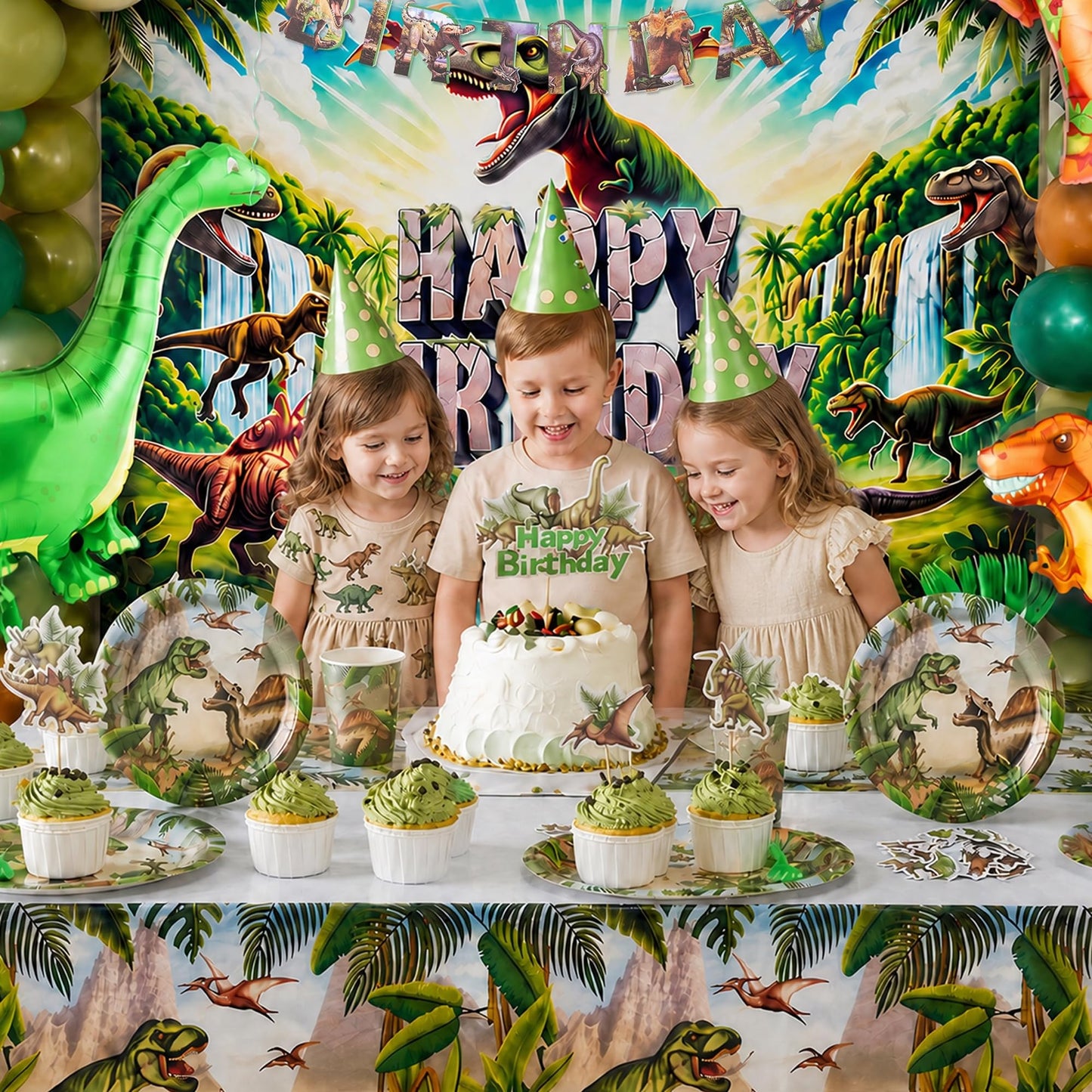 Dinosaur Birthday Decorations for Boys, 150 PCS Jurassic Dino Party Supplies with Backdrop, Dinosaur Balloons, Banner, Tablecloth, Cake Toppers