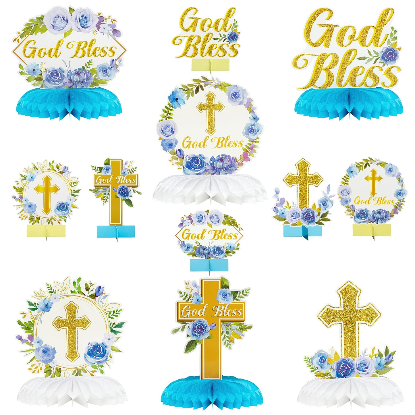 ANGOLIO 12Pcs Blue Floral God Bless Honeycomb Centerpieces Christian Cross Baptism First Confirmation Table Party Decorations for Boys Girls Baby