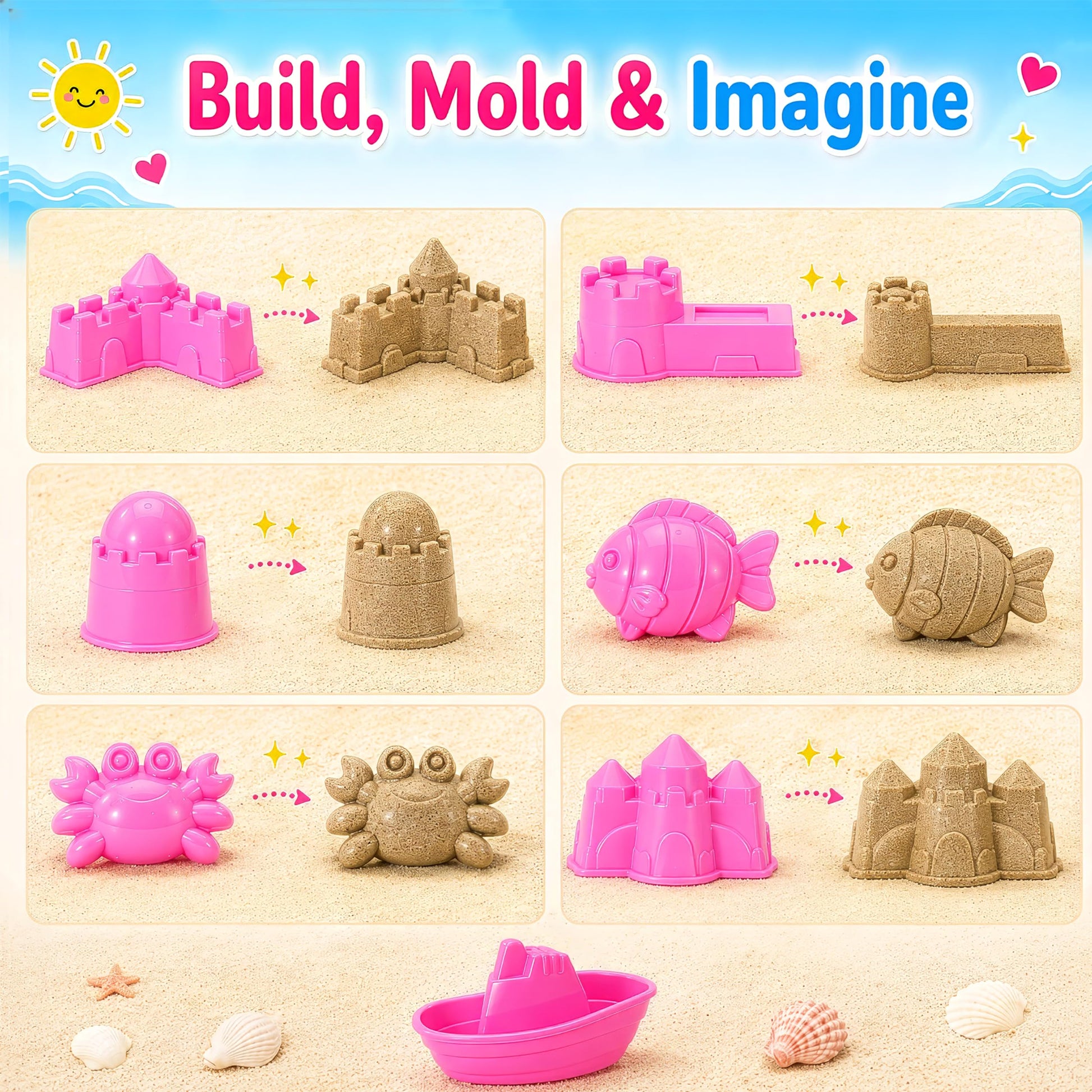 Liberty Imports 14 PCS Pink Princess Beach Wagon Plastic Toy Playset for Kids with Castle Molds, Sand Wheel, Water Pail, Play Tools and Featured Molds