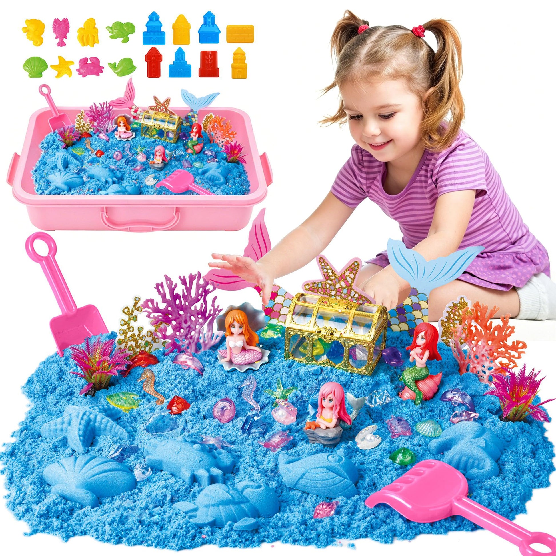 Pakimio Mermaid Sensory Sand Kit for Kids, Complete Sensory Bin with Lid