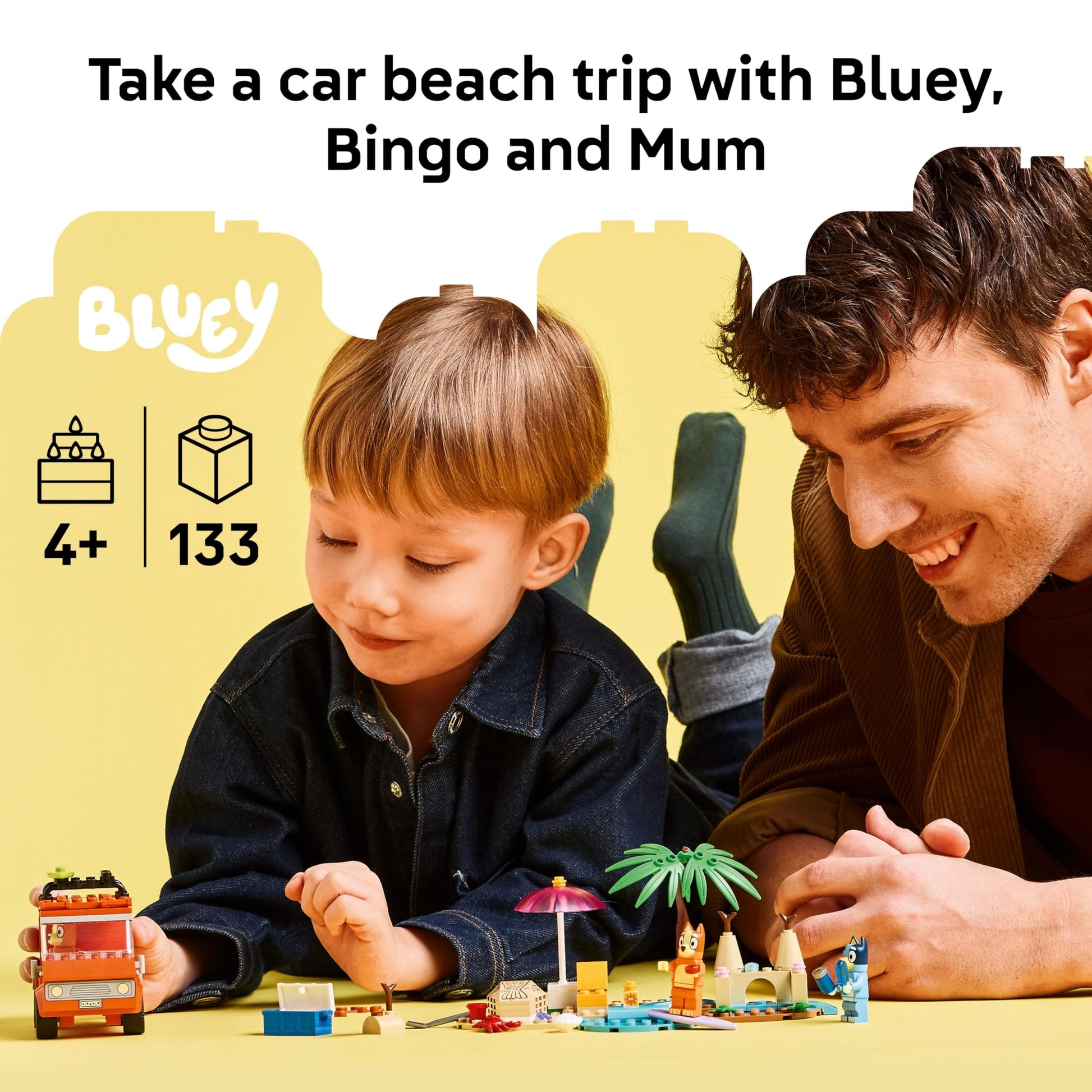LEGO Bluey: Bluey’s Beach & Family Car Trip - Toddler Learning Toy for Kids 4+ - Includes Bluey, Bingo, and Mum Minifigures - Birthday Gift for Boys
