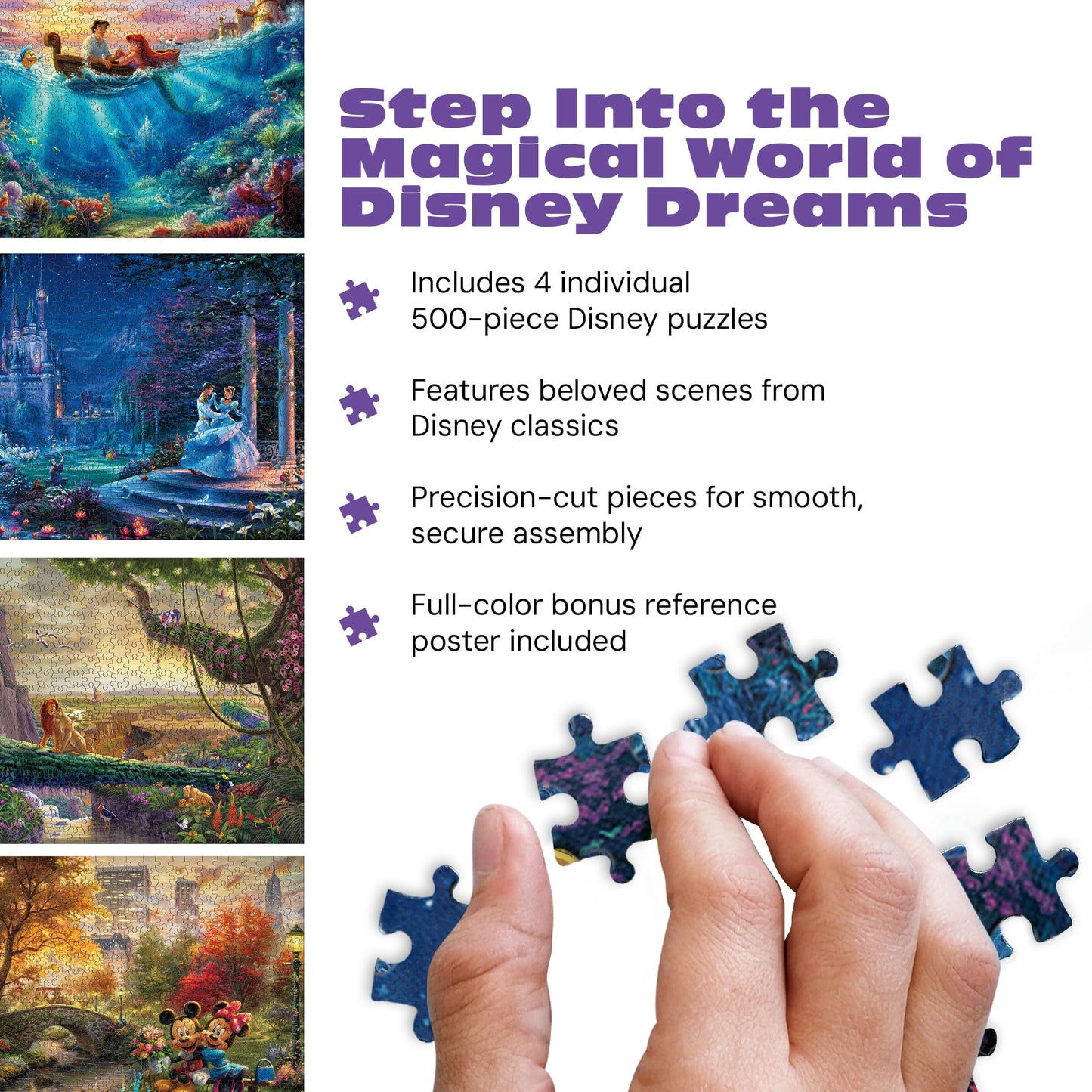 Ceaco - 4 in 1 Multipack - Thomas Kinkade - Disney Dreams Collection - Cinderella, The Lion King, Mickey and Minnie, & The Little Mermaid - (4) 500
