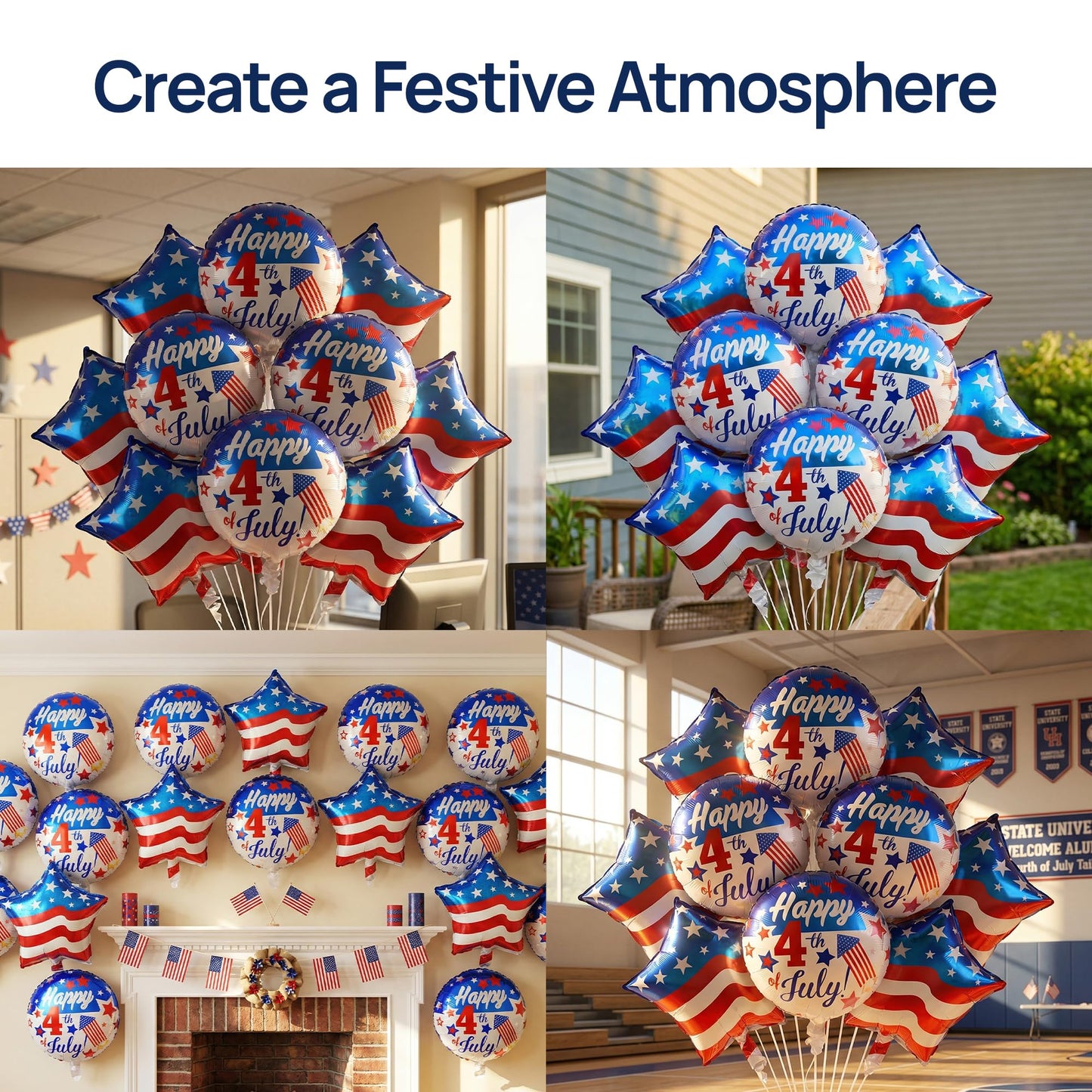 Dream Decor Happy 4th of July Balloons 12 Pack - American Flag Star & Happy 4th of July Foil Balloons with Ribbon Rolls & Inflation Straw - Patriotic