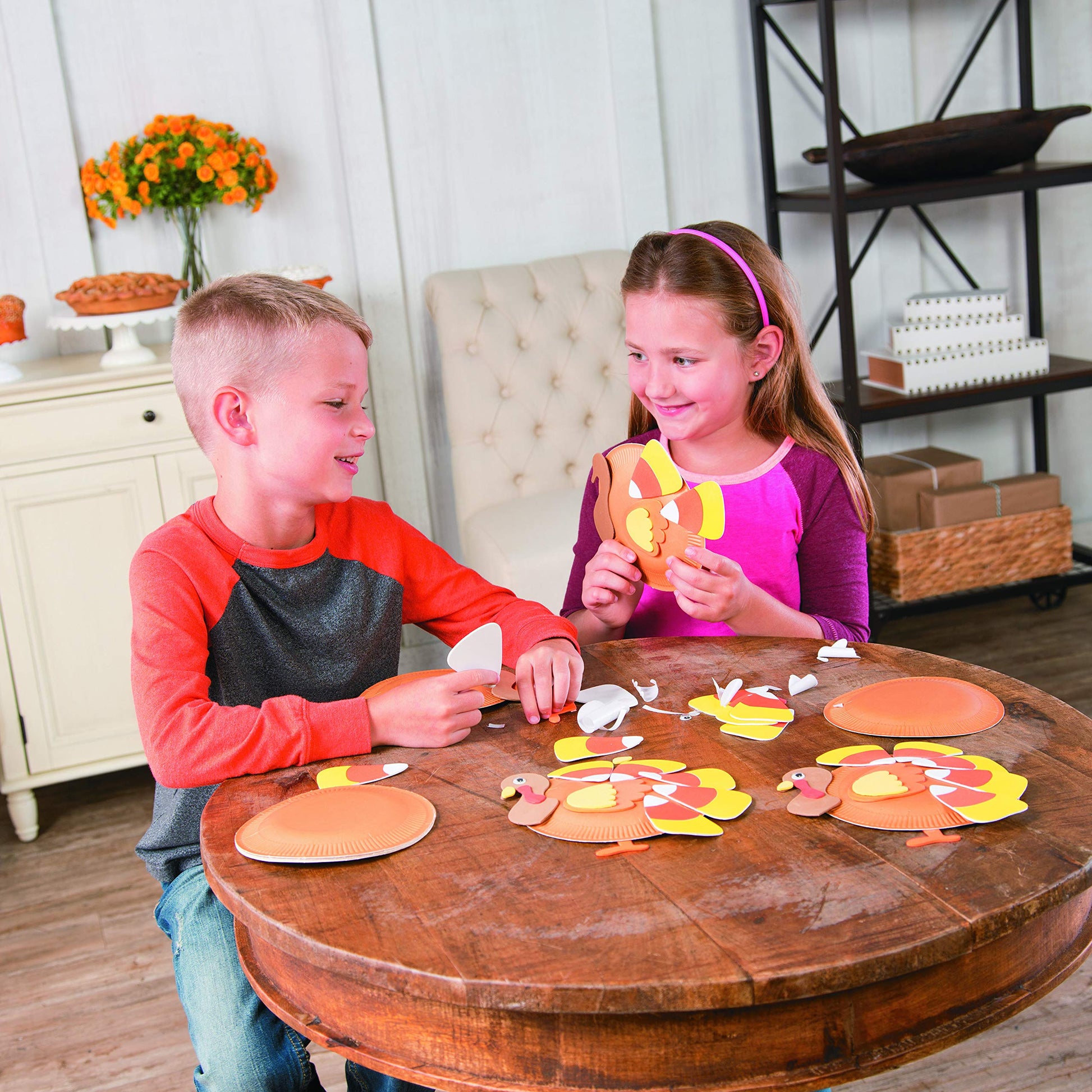 Fun Express Paper Plate Turkey Craft Kit - Makes 12 Thanksgiving Crafts for Kids Ages 3+ | Fall Arts & Crafts Activities with Self-Adhesive Foam