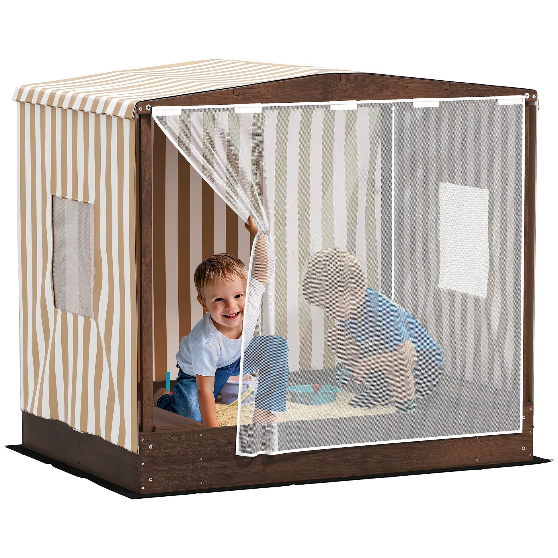 Qaba Kids Wooden Sandbox with Canopy, Large Wood Sand Pit, Mesh Door, Brown