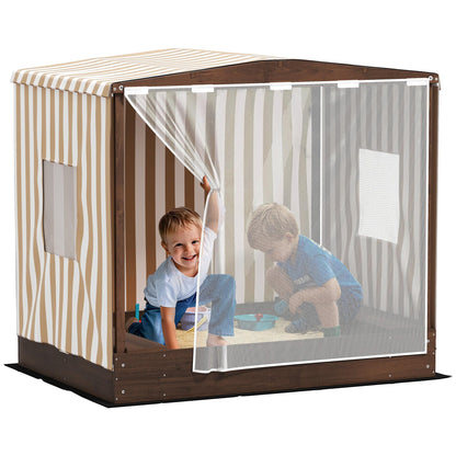 Qaba Kids Wooden Sandbox with Canopy, Large Wood Sand Pit, Mesh Door, Brown