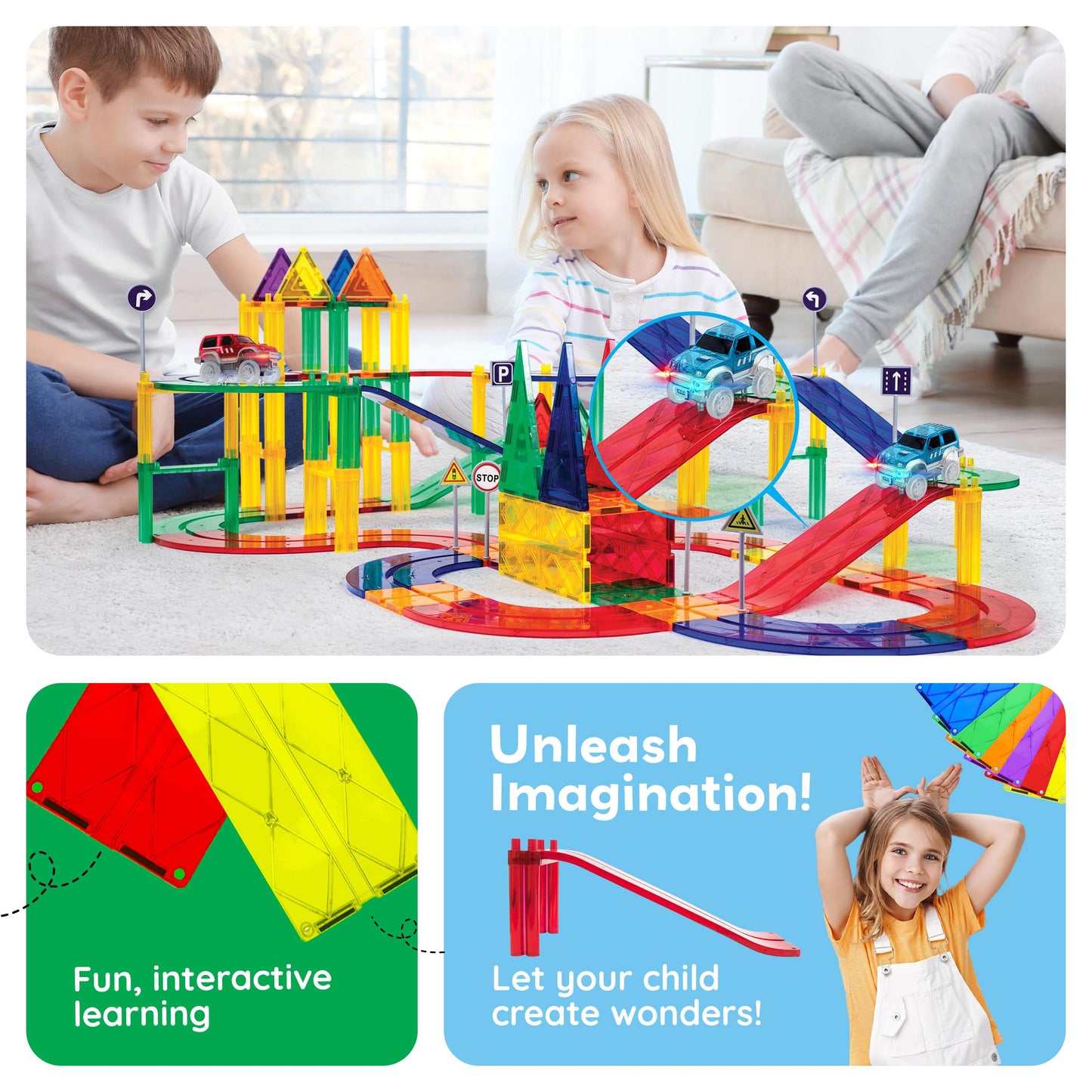 PicassoTiles 6 Piece Magnetic Tiles Race Track Ramp Accessories STEM Building Blocks Toys Magnet Tile Educational Construction Playset Boys Girls