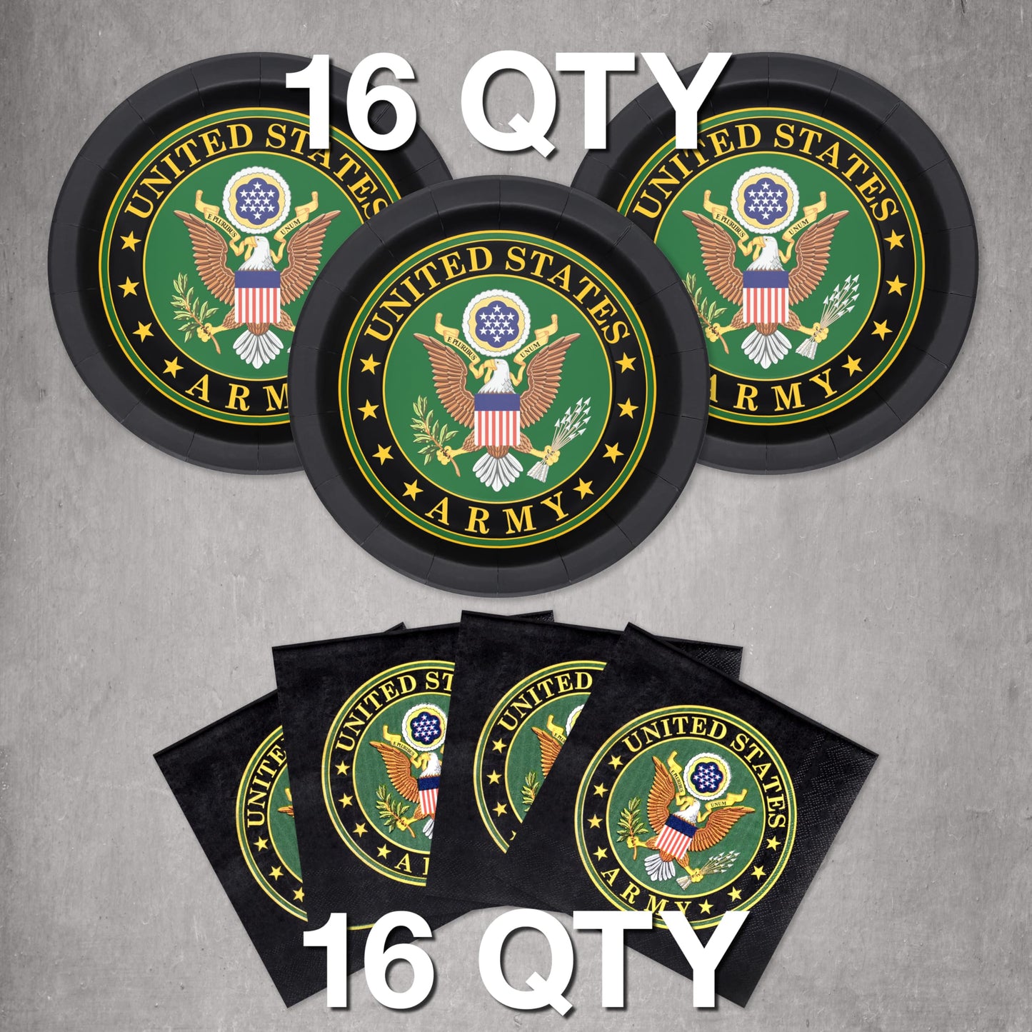 Havercamp Official U.S. Army Party for 16 guests; includes 16 ea. Lg. 9 inch Paper Plates and Napkins in the Official U.S. Army Crest