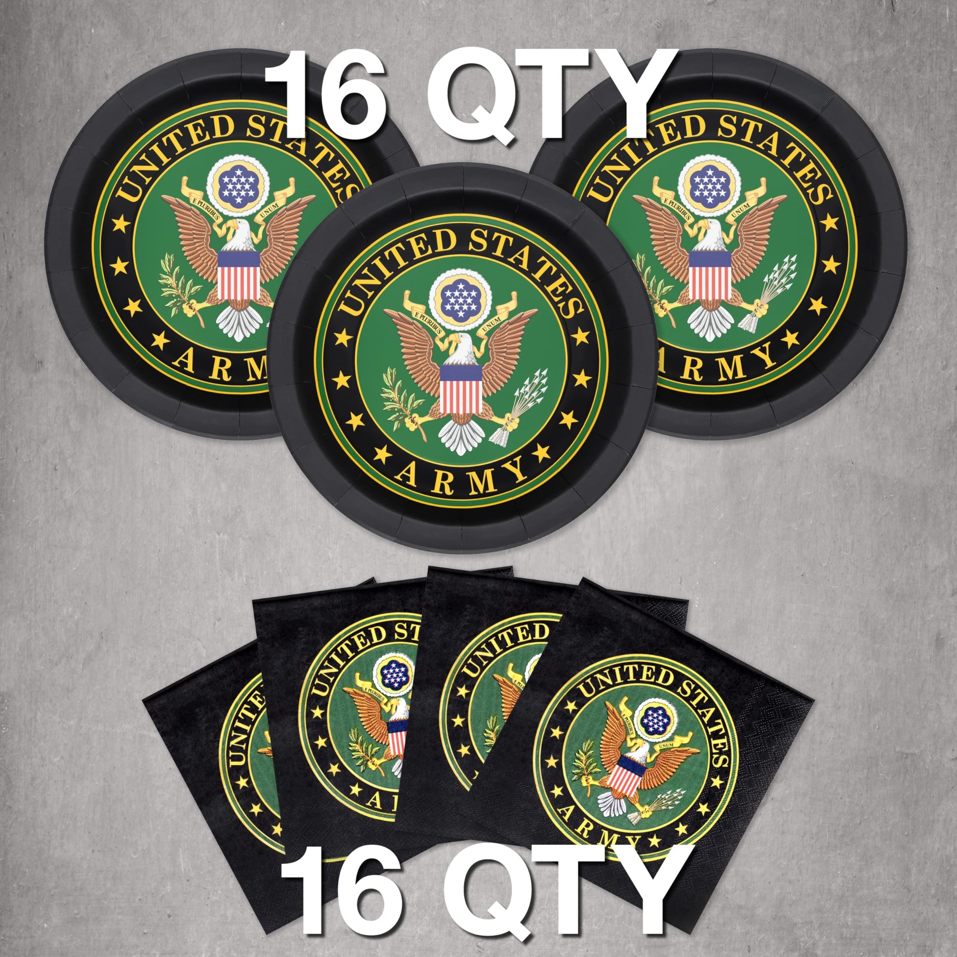 Havercamp Official U.S. Army Party for 16 guests; includes 16 ea. Lg. 9 inch Paper Plates and Napkins in the Official U.S. Army Crest