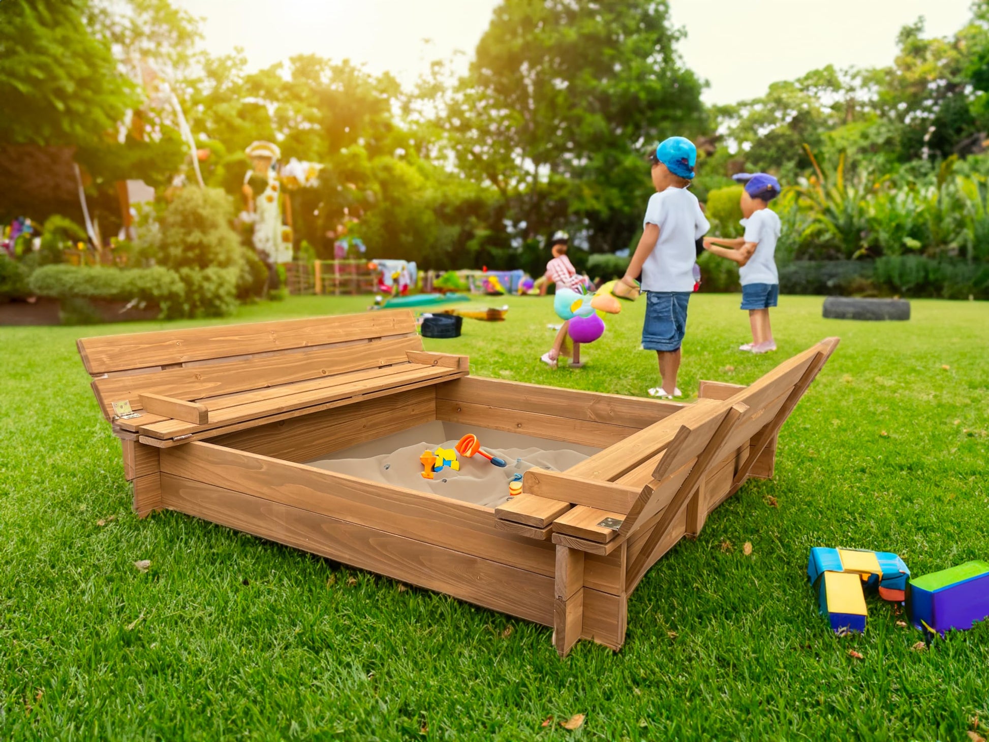 BTExpert Kids Large Wooden Sandbox 47x47 Outdoor Play Sandpit for Backyard Foldable Bench Seats Sand Protection Liner