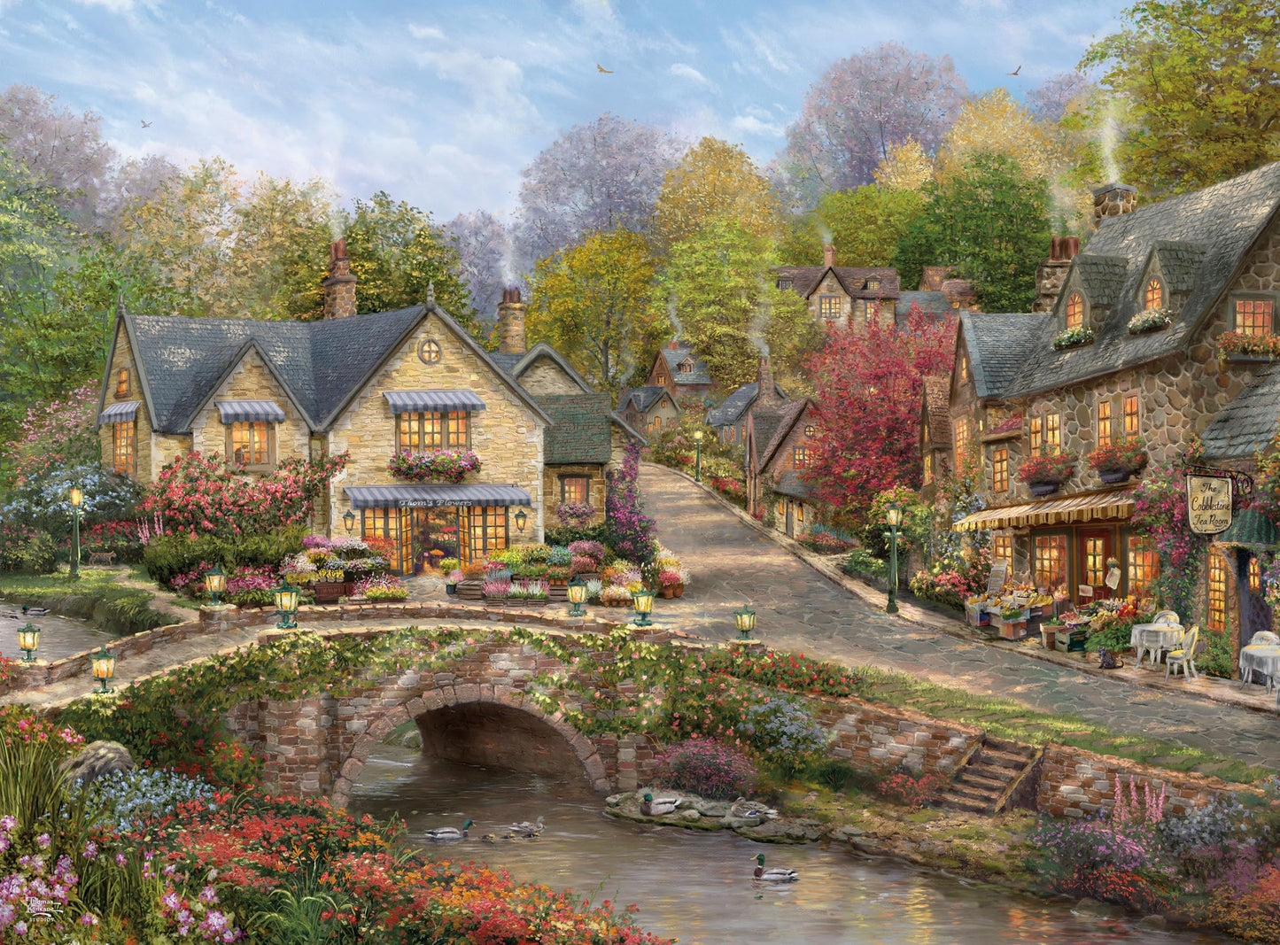 Buffalo Games Thomas Kinkade Summer in Cobblestone Village 1000 Piece Puzzle - Silver Select Premium Jigsaw Puzzle with Foil Accents & Reference
