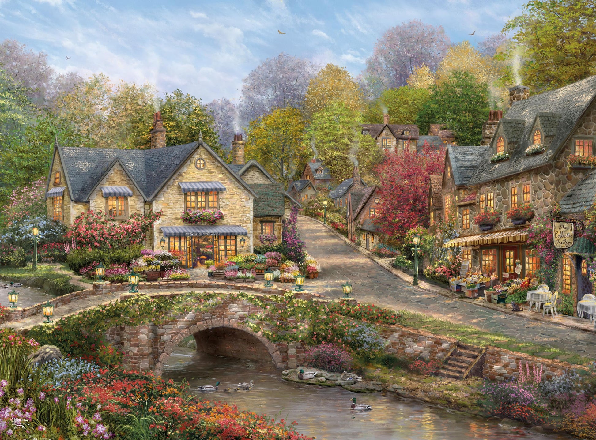 Buffalo Games Thomas Kinkade Summer in Cobblestone Village 1000 Piece Puzzle - Silver Select Premium Jigsaw Puzzle with Foil Accents & Reference