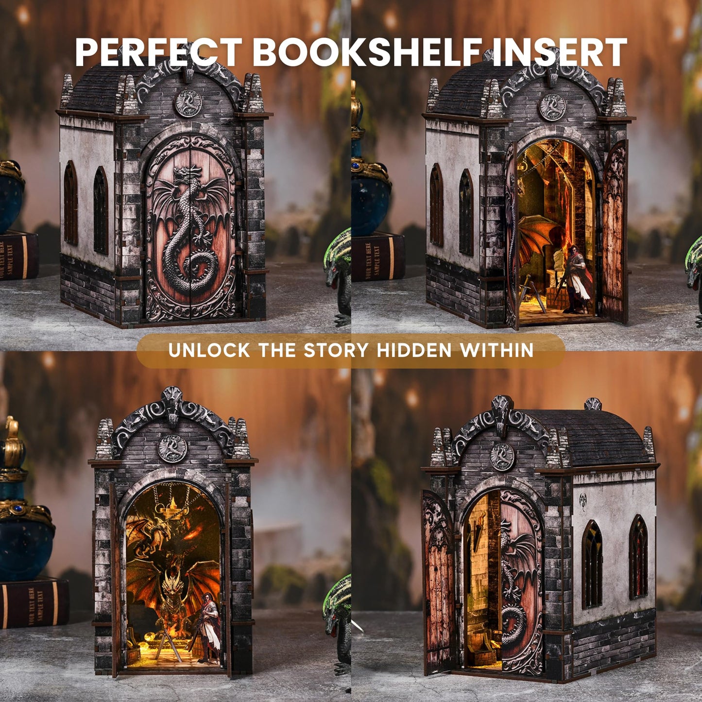 DIY Book Nook Kit, Dragons Treasure Labyrinth Miniature House Kit for Adults - 3D Wooden Puzzle Bookshelf Insert with LED Light, Touch Switch