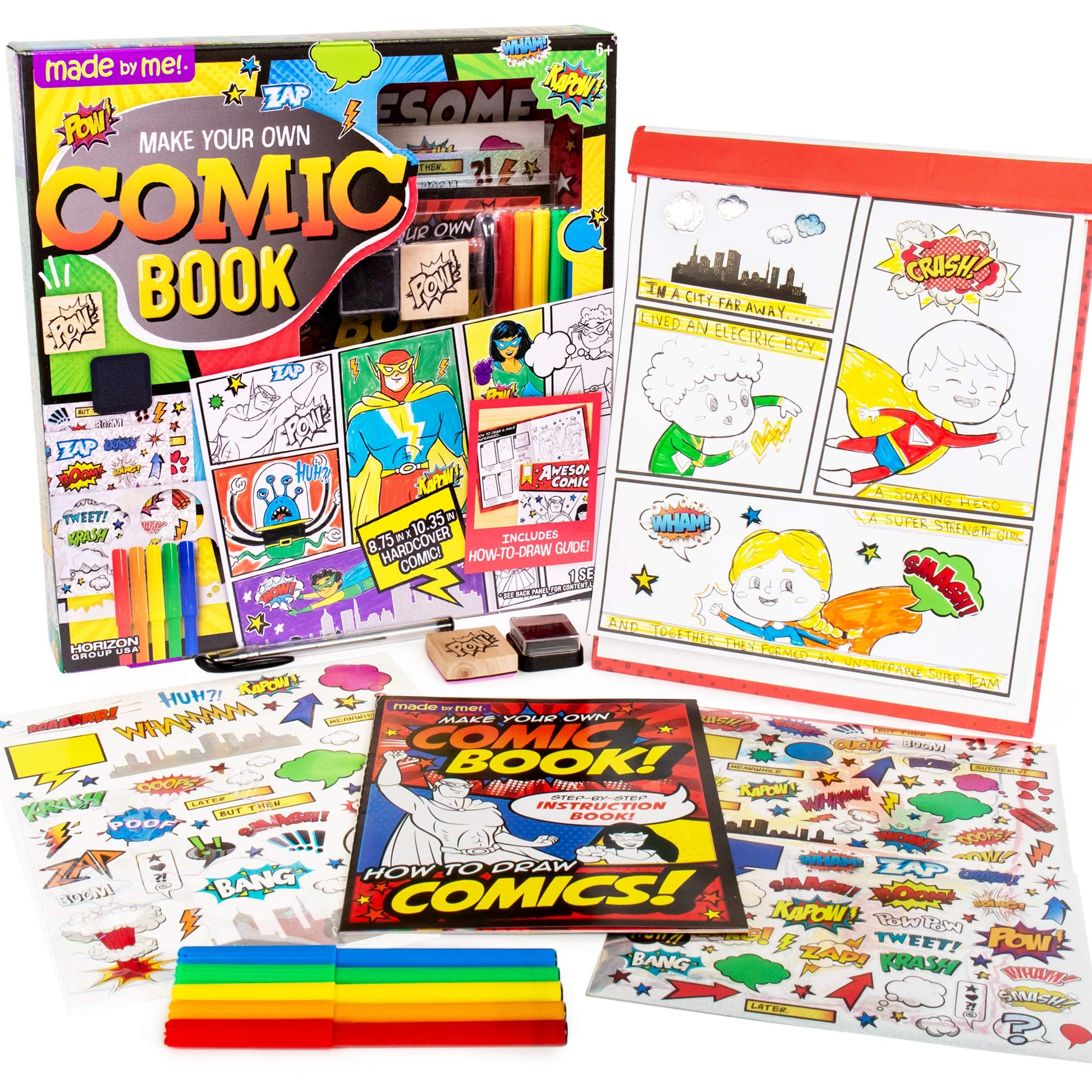 Made By Me Make Your Own Comic Book Storytelling Kit for Kids, 15-Page, Hardcover, How-to Draw Instructional Guide, Comic Inspired Stickers & Stamp