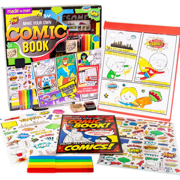 Made By Me Make Your Own Comic Book Storytelling Kit for Kids, 15-Page, Hardcover, How-to Draw Instructional Guide, Comic Inspired Stickers & Stamp