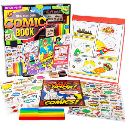 Made By Me Make Your Own Comic Book Storytelling Kit for Kids, 15-Page, Hardcover, How-to Draw Instructional Guide, Comic Inspired Stickers & Stamp