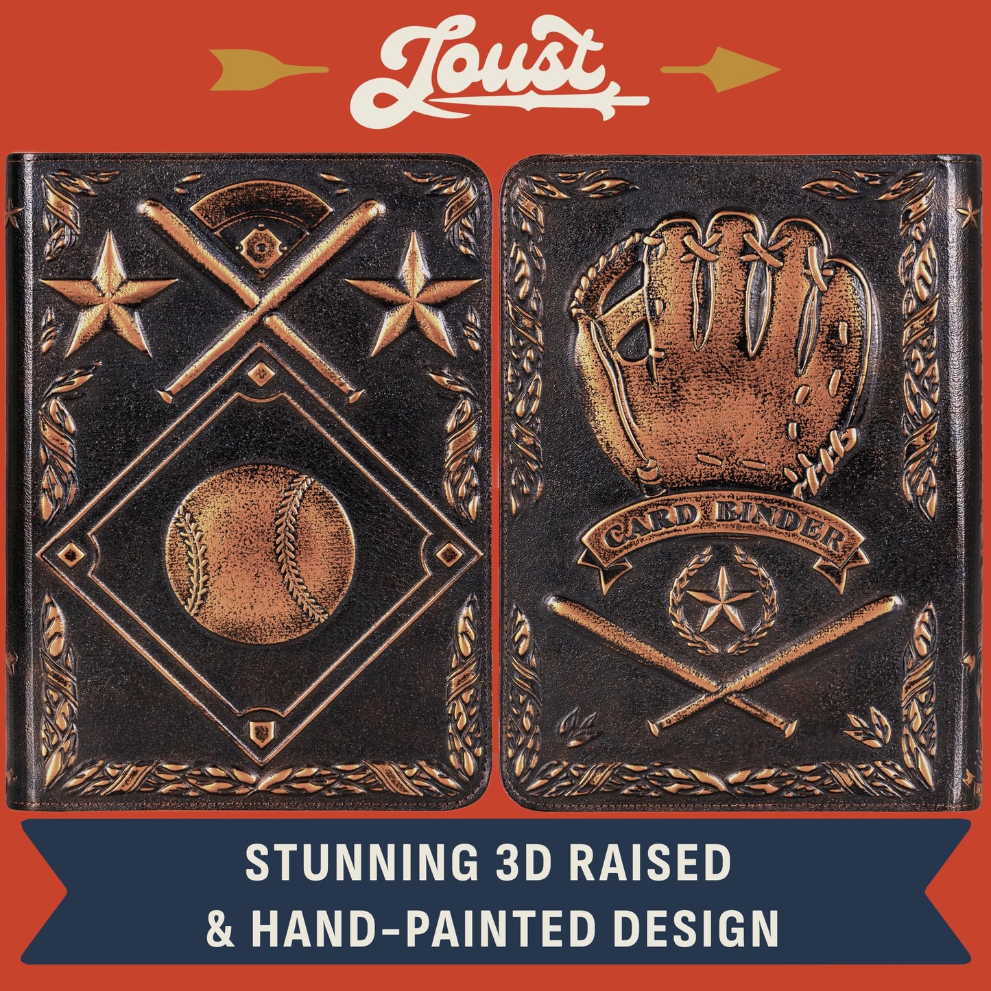 Baseball Card Binder - Stunning 3D Raised & Hand Colorwashed PU Leather Binder - 9 Pocket Album w Zipper - 360 Side Loading Sleeves Book for Baseball