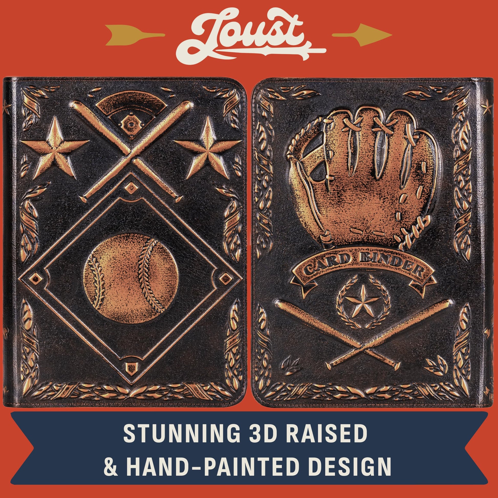 Baseball Card Binder - Stunning 3D Raised & Hand Colorwashed PU Leather Binder - 9 Pocket Album w Zipper - 360 Side Loading Sleeves Book for Baseball