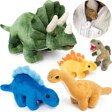 PREXTEX 15-Inch Triceratops Dinosaur Stuffed Animal Set with 4 Dino Plush Toys Inside, Large Zippered Pouch Dinosaur for Boys and Girls, Stuffed