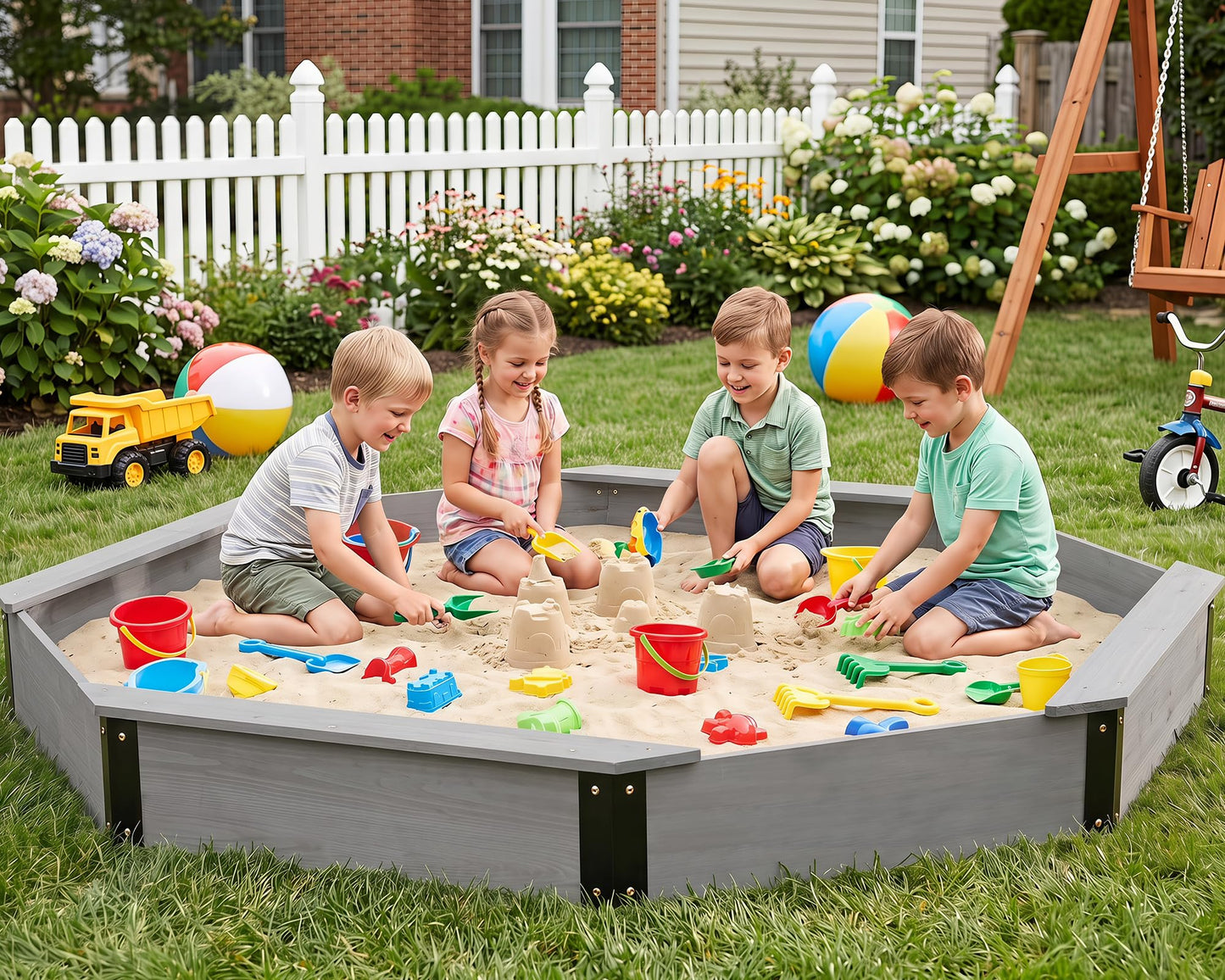 85''x78''x9'' Octagon Sandbox with Cover for Kids Outdoor Play, Wood Large Sandpit with 4 Benches, Quick Easy Install, US. Patented