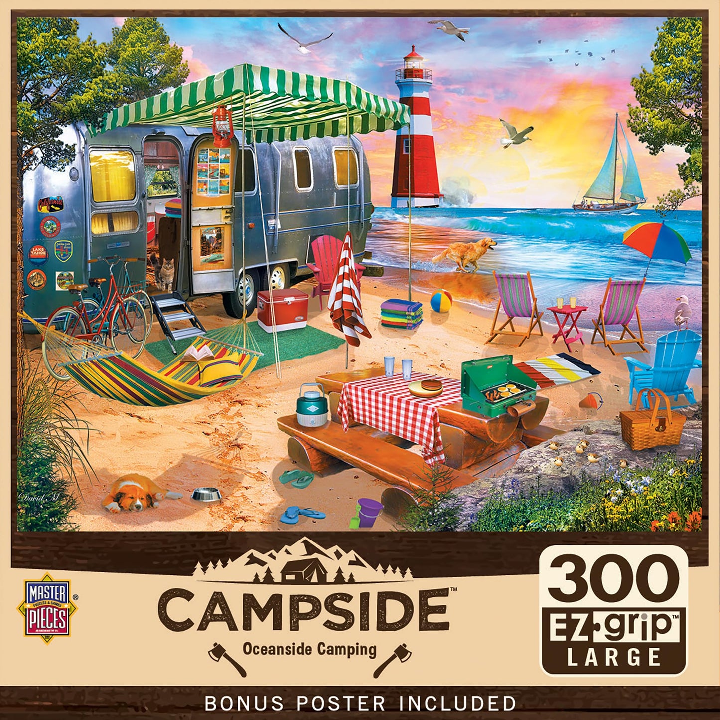 MasterPieces - 300 Piece Jigsaw Puzzle, Large EZ Grip Shapes, Oceanside Camping, Fun for Adults, Seniors, Family, Kids, Non-Glare Finish, 18"x24"