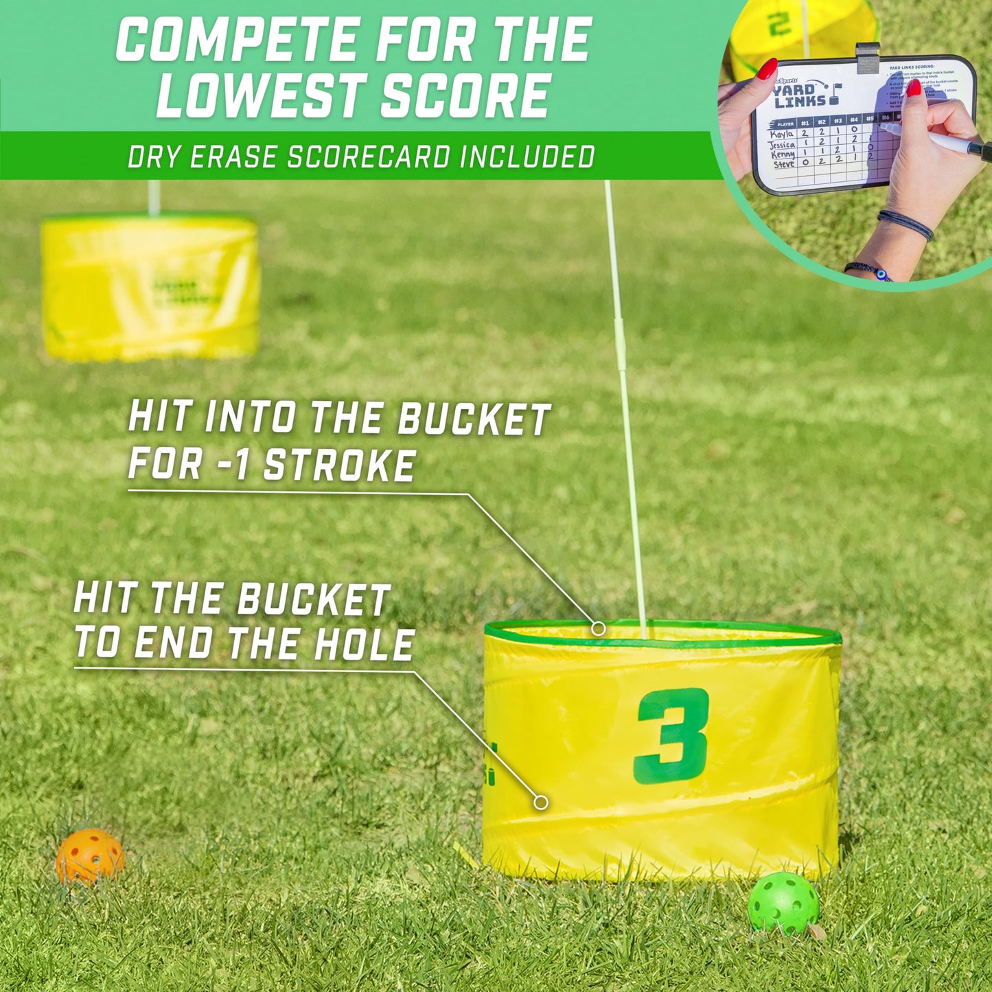 GoSports Yard Links Backyard Golf Game - Outdoor Chipping Style Game Set with 3 Buckets, 3 Flags, 3 Tee Markers, 4 Golf Balls, Scorecard and Carry