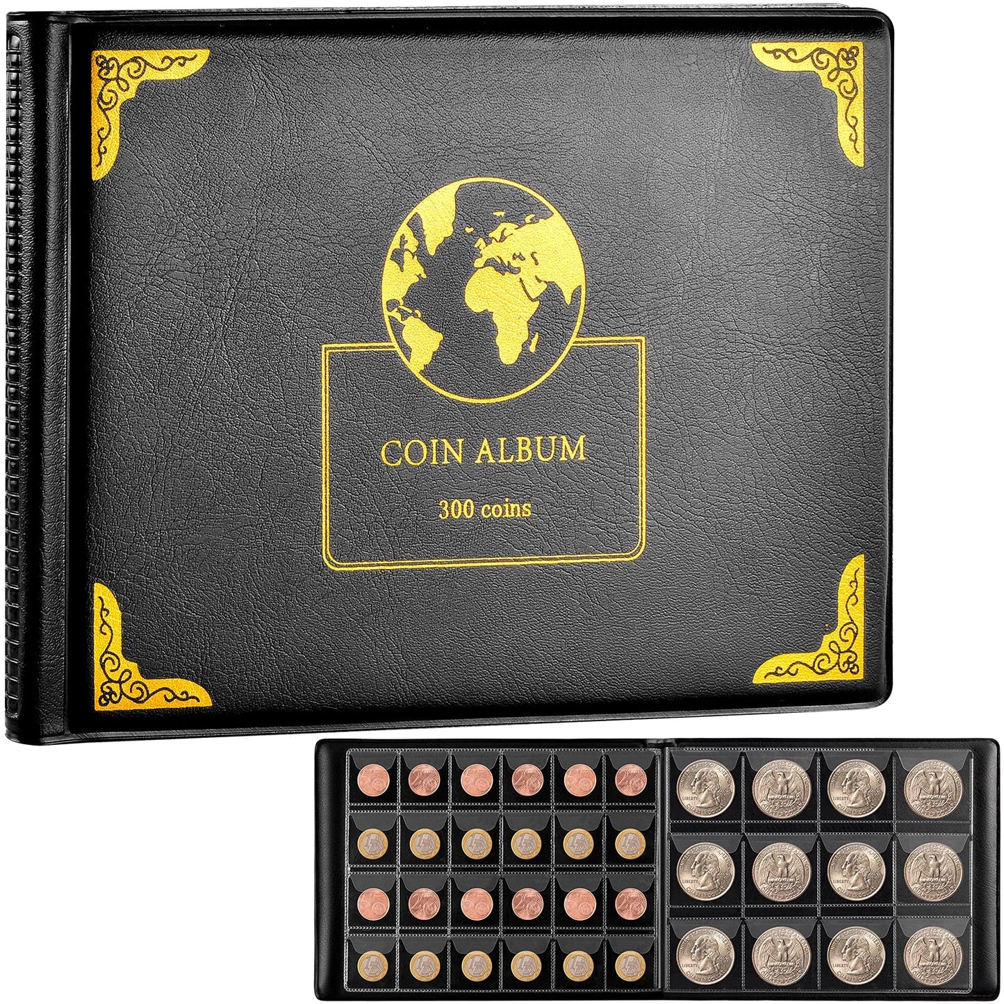 Aptbyte Coin Collection Album Book - 300 Pockets for 20-38mm Coins, Holds US Quarters, Silver Eagles, World Coins | Artificial Leather Cover