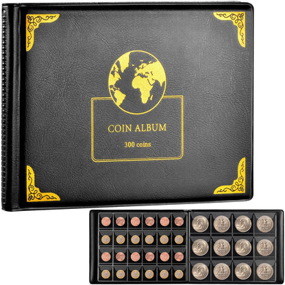 Aptbyte Coin Collection Album Book - 300 Pockets for 20-38mm Coins, Holds US Quarters, Silver Eagles, World Coins | Artificial Leather Cover