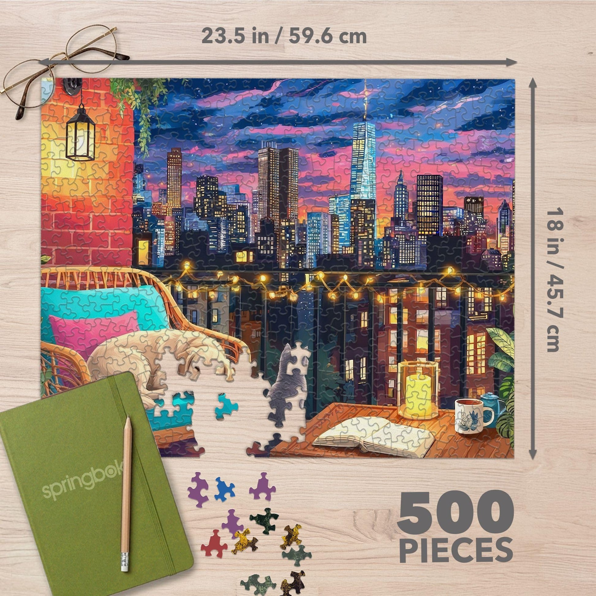 Springbok Cozy Nights & City Lights 500 Piece Jigsaw Puzzle for Adults - Cozy Rooftop Cityscape - Poster Included - Unique Cut Pieces - Made in USA