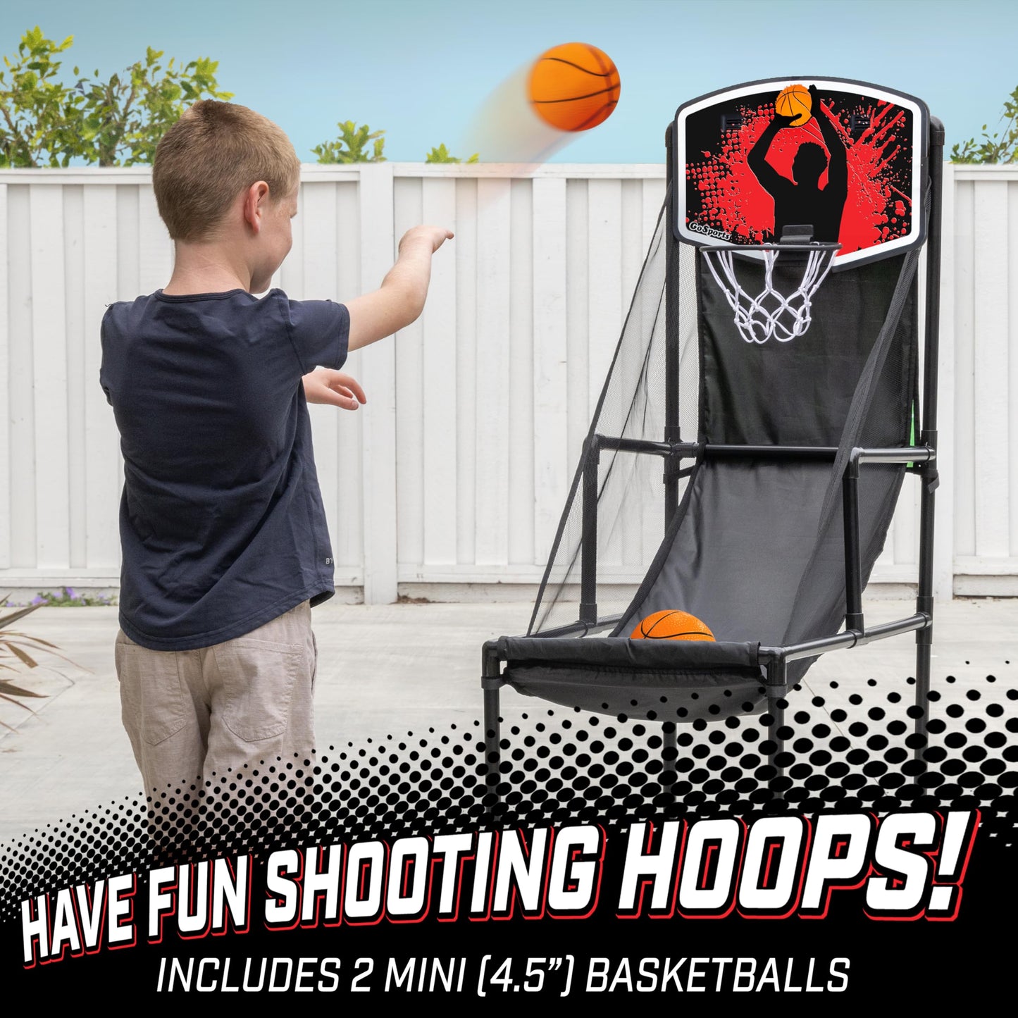 GoSports 2 in 1 Basketball and Football Toss Arcade Game for Kids Ages 3 to 8 Indoor and Outdoor Sports Toy with Hoop, Target, Balls & Pump