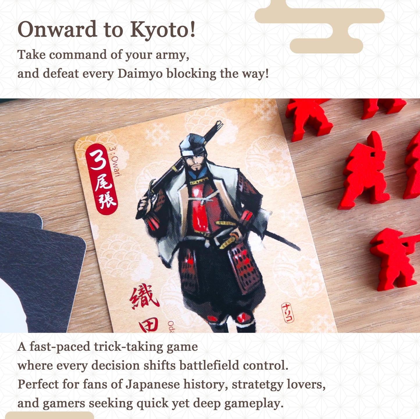 Moaideas Game Design Joraku Deluxe Strategy Board Game, 40 Wooden Samurai Meeples, Area Control and Trick-Taking Mechanics, for Strategy Game