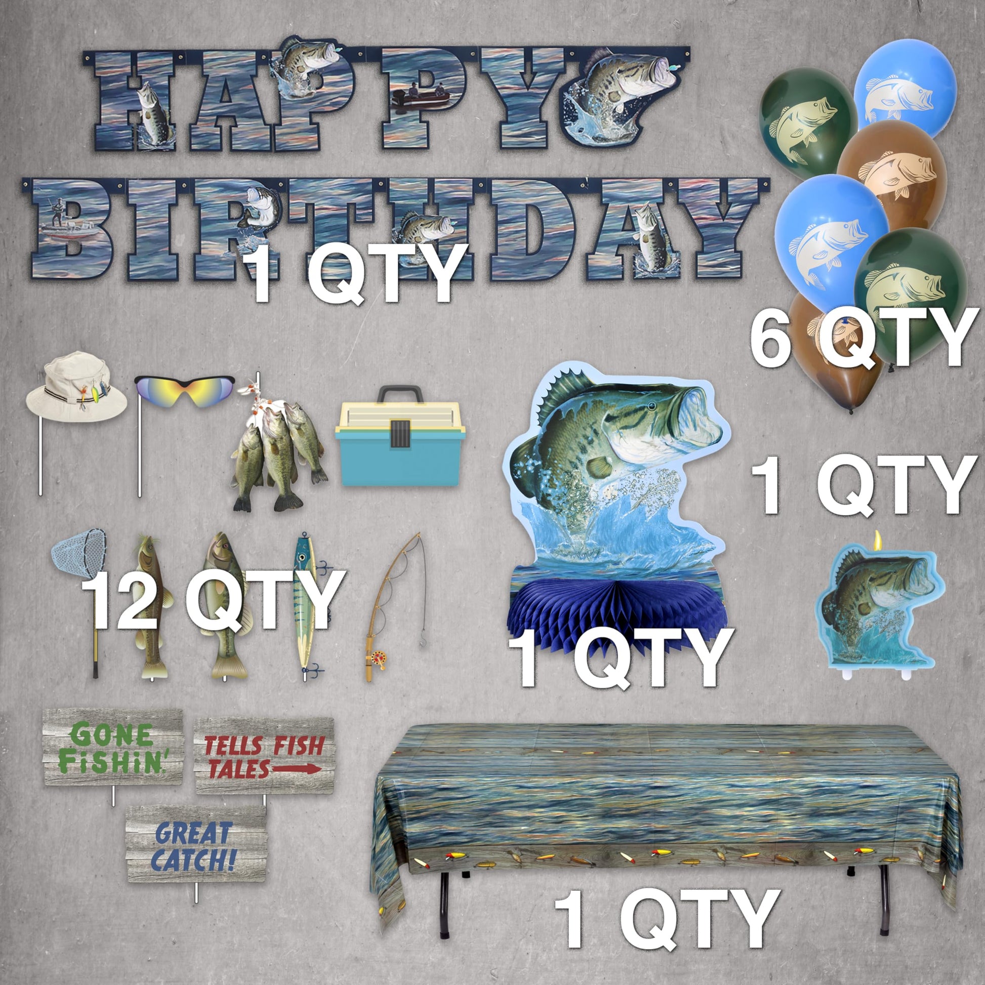 Havercamp Gone Fishing Birthday Party Premium Decorations Kit! Includes: Birthday Banner, Bass Centerpiece, 6 Bass Balloons, 12 Photo Props, 1 Cake