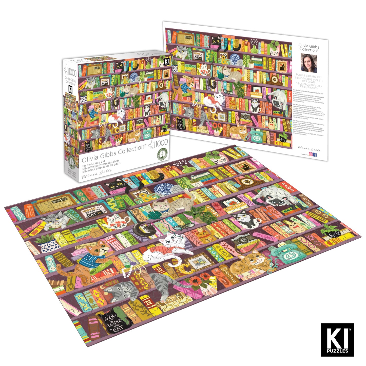 PLAYVIEW 1000 Pc Olivia Gibbs - Purple Cat Library - 27x20 Jigsaw Puzzle for Adults, Hard and Challenging Puzzle, Cute Cat Library Design, Difficult